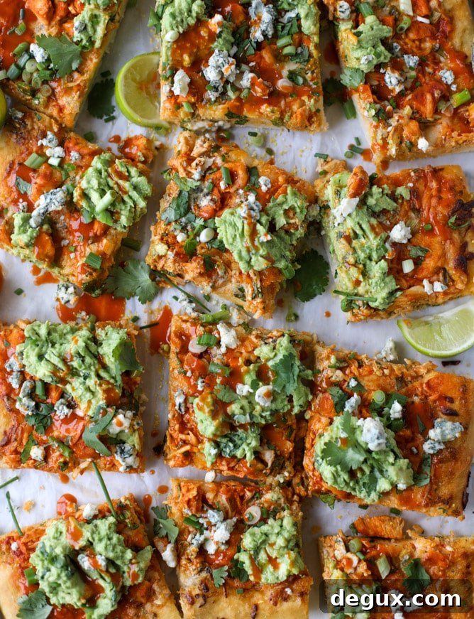 guacamole buffalo chicken pizza I howsweeteats.com #buffalochicken #pizza #guacamole #buffalowing