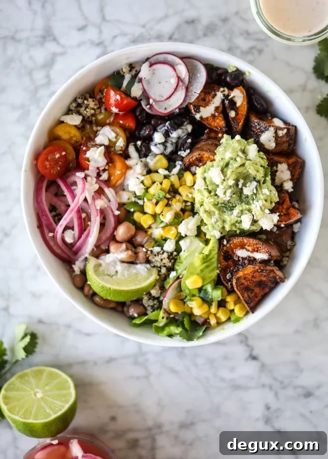 chipotle caramel sweet potato burrito bowls I howsweeteats.com #burritobowls #vegetarian #quinoa #sweetpotatoes 
