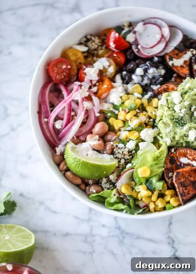 chipotle caramel sweet potato burrito bowls I howsweeteats.com #burritobowls #vegetarian #quinoa #sweetpotatoes 