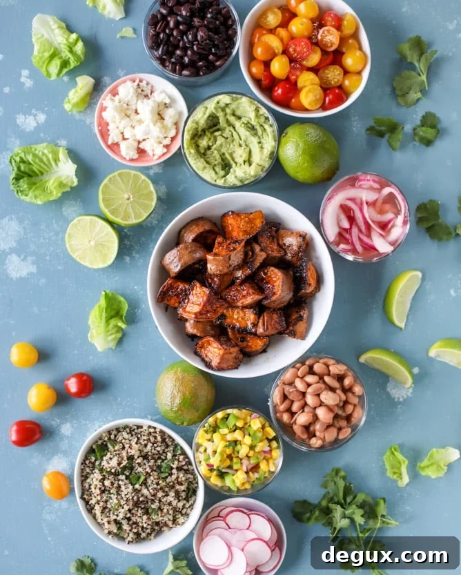 chipotle caramel sweet potato burrito bowls I howsweeteats.com #burritobowls #vegetarian #quinoa #sweetpotatoes 