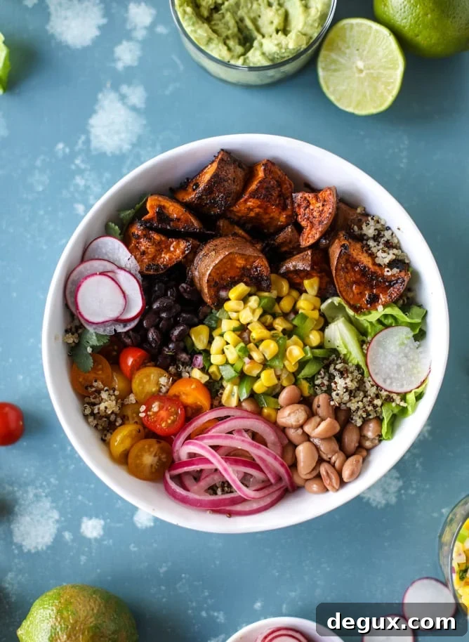 chipotle caramel sweet potato burrito bowls I howsweeteats.com #burritobowls #vegetarian #quinoa #sweetpotatoes 