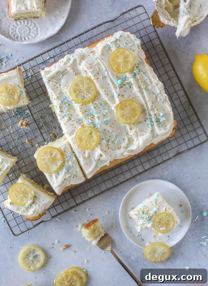 Lemon Sheet Cake with Cream Cheese Frosting Recipe 10 lemon sheet cake with cream cheese frosting I howsweeteats.com #lemon #cake #sheetcake #dessert #creamcheesefrosting