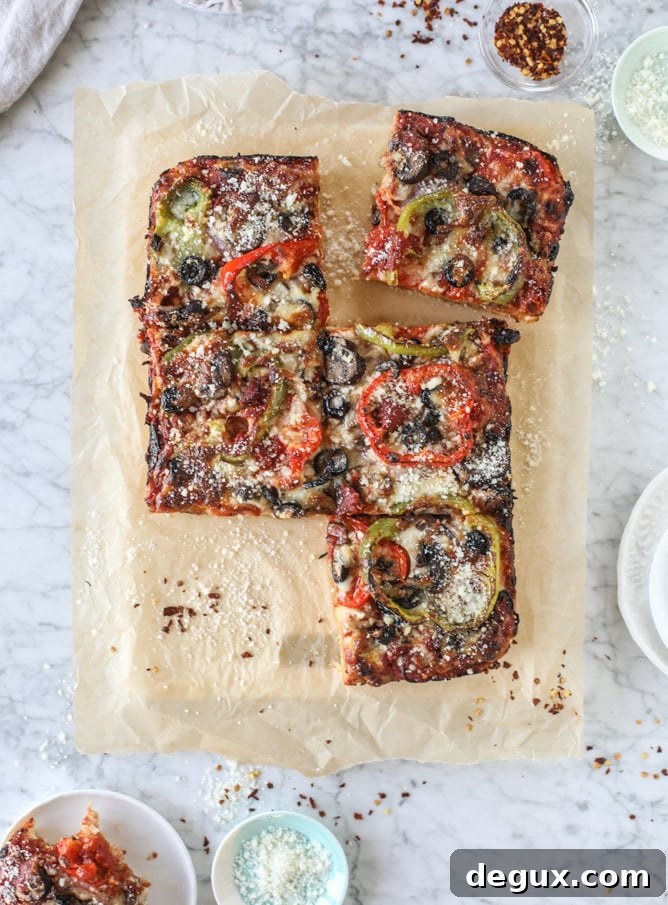 veggie supreme detroit style pizza I howsweeteats.com #detroitstyle #pizza #pizzasupreme #veggiepizza #vegetarian 