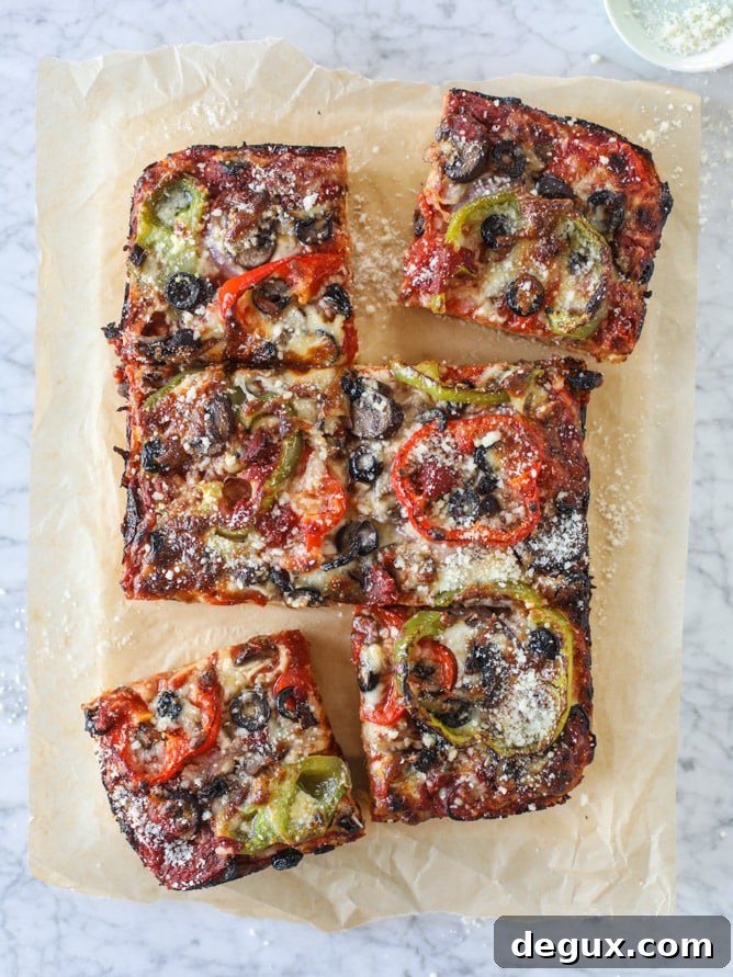 veggie supreme detroit style pizza I howsweeteats.com #detroitstyle #pizza #pizzasupreme #veggiepizza #vegetarian 