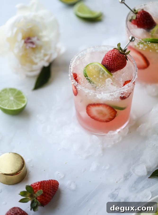 Smoked Strawberry Mezcal Margarita Recipe: Smoky Fruit Cocktail 8 smoked strawberry mezcal margaritas I howsweeteats.com #margaritas #mezcal #strawberry #lime