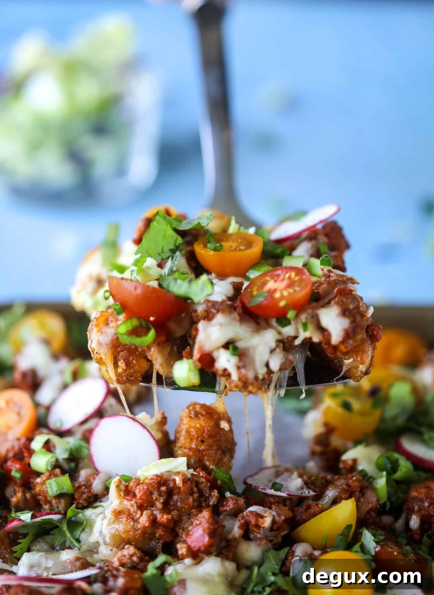 Sloppy Joe Totchos Sheet Pan Recipe for Game Day Snacks 8 These tater tot nachos, otherwise known as totchos, are so delicious! They are cheesy and topped with a tangy, homemade sloppy joe mixture. Melted cheese, fresh tomatoes, scallions and chives come together for the best party food. I howsweeteats.com #totchos #tater #tot #nachos #sloppy #joes