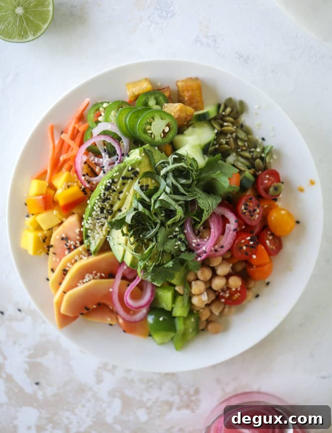 Zesty Rainbow Salad with Spicy Chili-Lime Dressing 2 This spicy rainbow salad is chock full of gorgeous, fresh produces, chickpeas, plantains and herbs for one beautiful sight in a bowl. The rainbow salad is satisfying, filling, delicious with a touch of sweet and slightly spicy - everything you want in a meal!