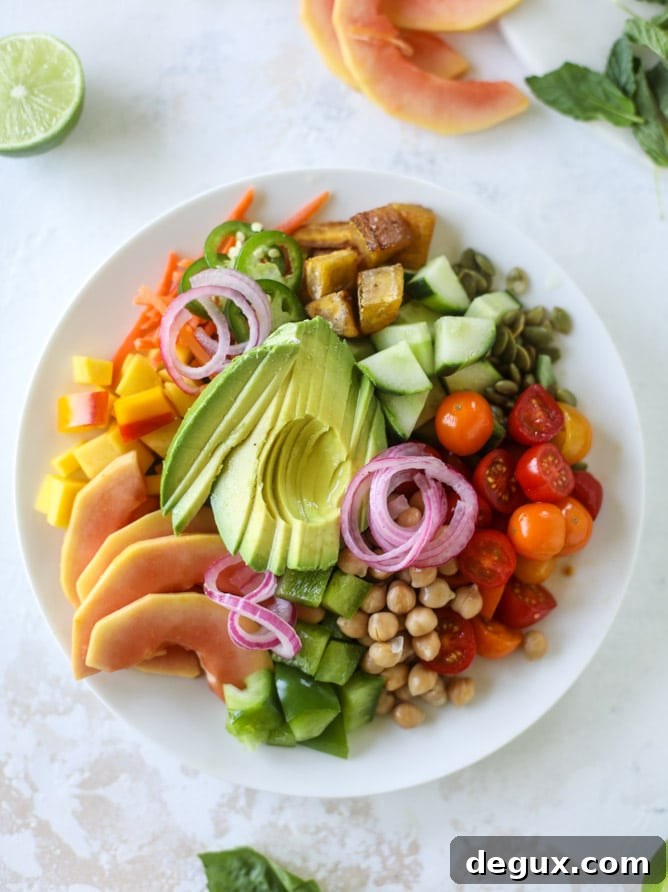 Zesty Rainbow Salad with Spicy Chili-Lime Dressing 4 This spicy rainbow salad is chock full of gorgeous, fresh produces, chickpeas, plantains and herbs for one beautiful sight in a bowl.