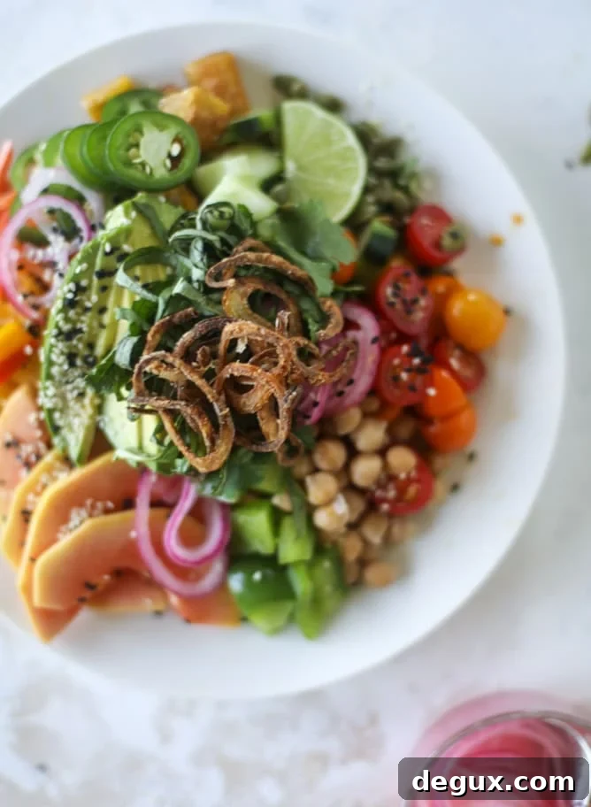 Zesty Rainbow Salad with Spicy Chili-Lime Dressing 8 This spicy rainbow salad is chock full of gorgeous, fresh produces, chickpeas, plantains and herbs for one beautiful sight in a bowl.