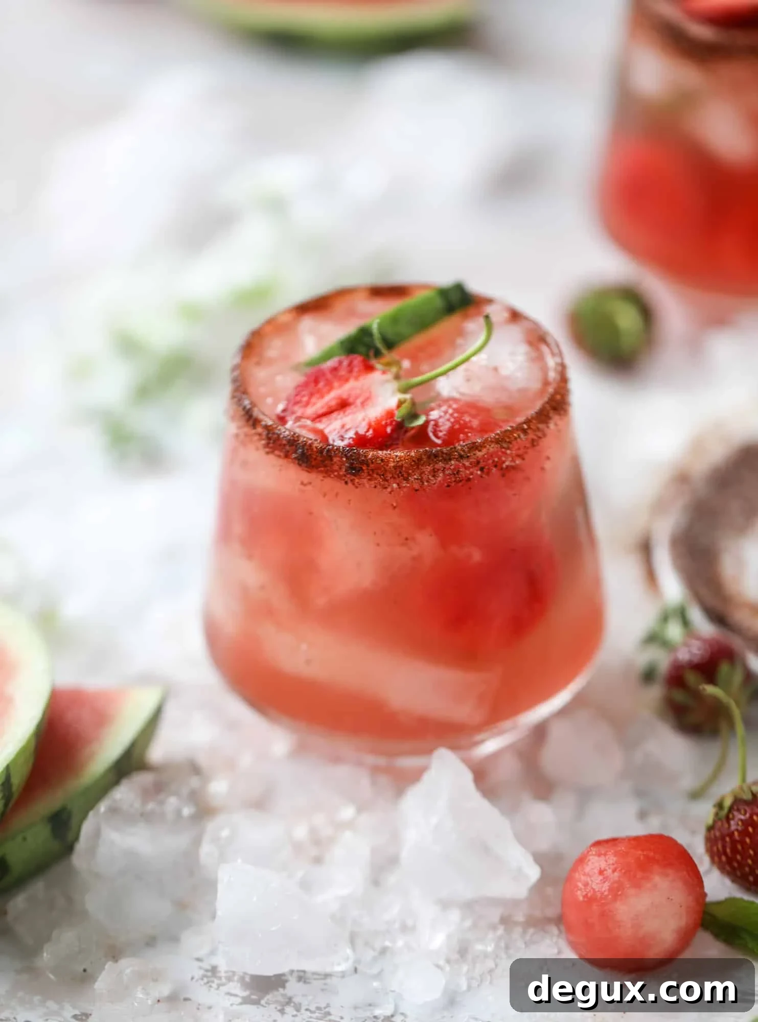 This spicy watermelon sangria is super refreshing, light, delicious and perfect for a hot summer day! Complete with an entire bottle of rosé, watermelon juice, melon balls, strawberries and brandy, this is the best summer cocktail in a pitcher! I howsweeteats.com #spicy #watermelon #sangria #cocktails #rosé