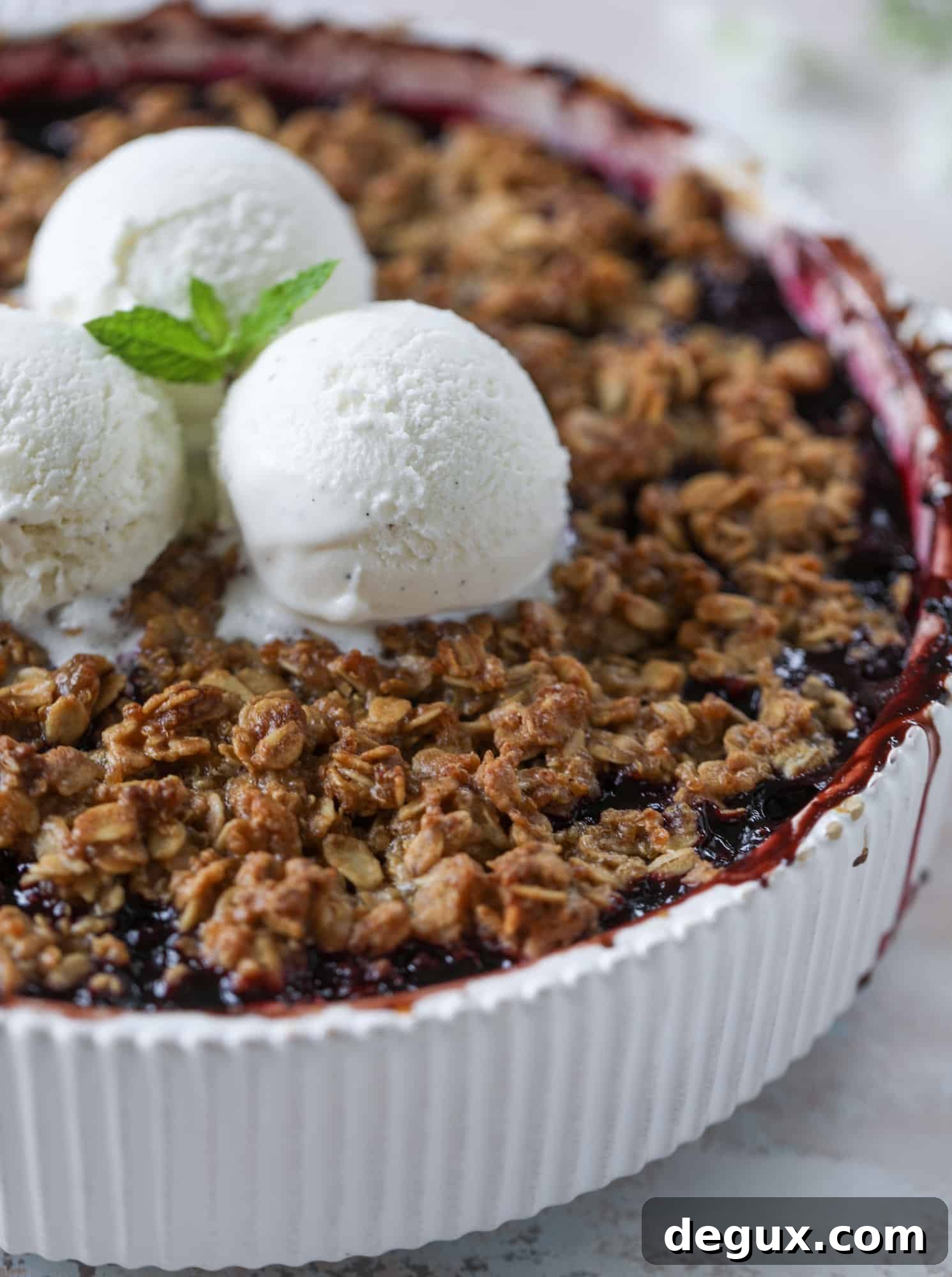 Blueberry Quinoa Cookie Crisp Recipe: Crunchy Fruit-Filled Treat 2 This blueberry crisp is warm and bursting with sweet and juicy fruit. It's topped with a quinoa oatmeal brown sugar topping and is the perfect dessert for summer. Served warm and topped with vanilla ice cream, it's just divine! I howsweeteats.com #blueberry #crisp #quinoa #oats #dessert #fruit