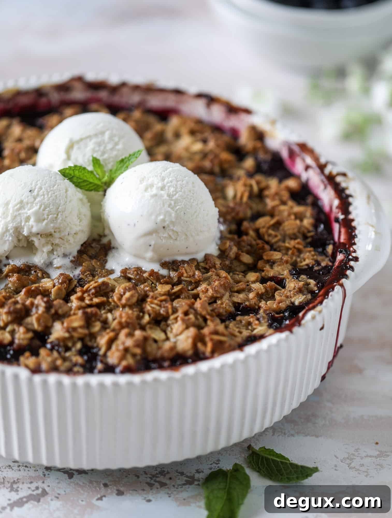 Blueberry Quinoa Cookie Crisp Recipe: Crunchy Fruit-Filled Treat 6 This blueberry crisp is warm and bursting with sweet and juicy fruit. It's topped with a quinoa oatmeal brown sugar topping and is the perfect dessert for summer. Served warm and topped with vanilla ice cream, it's just divine! I howsweeteats.com #blueberry #crisp #quinoa #oats #dessert #fruit
