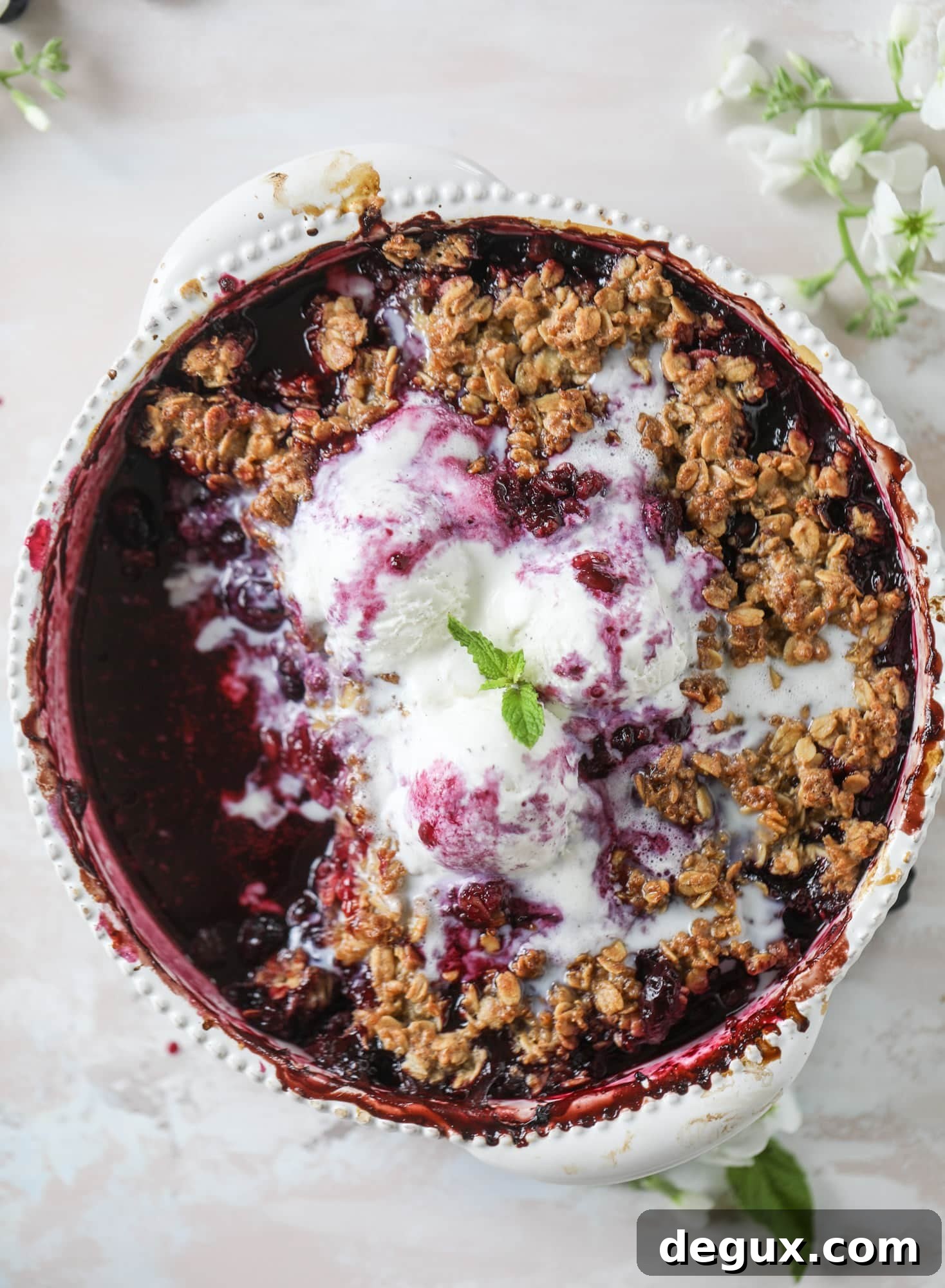 Blueberry Quinoa Cookie Crisp Recipe: Crunchy Fruit-Filled Treat 7 This blueberry crisp is warm and bursting with sweet and juicy fruit. It's topped with a quinoa oatmeal brown sugar topping and is the perfect dessert for summer. Served warm and topped with vanilla ice cream, it's just divine! I howsweeteats.com #blueberry #crisp #quinoa #oats #dessert #fruit