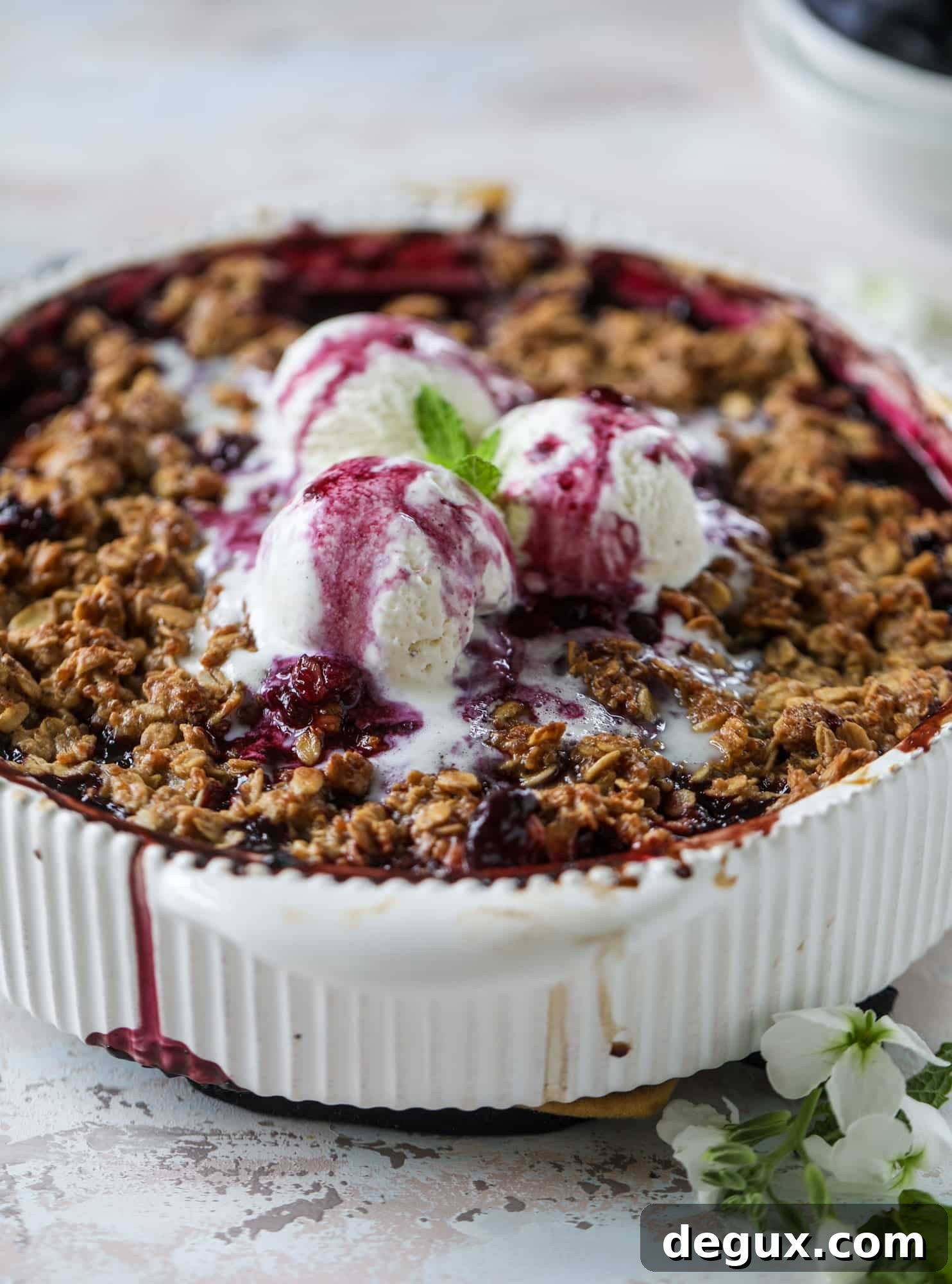 Blueberry Quinoa Cookie Crisp Recipe: Crunchy Fruit-Filled Treat 8 This blueberry crisp is warm and bursting with sweet and juicy fruit. It's topped with a quinoa oatmeal brown sugar topping and is the perfect dessert for summer. Served warm and topped with vanilla ice cream, it's just divine! I howsweeteats.com #blueberry #crisp #quinoa #oats #dessert #fruit