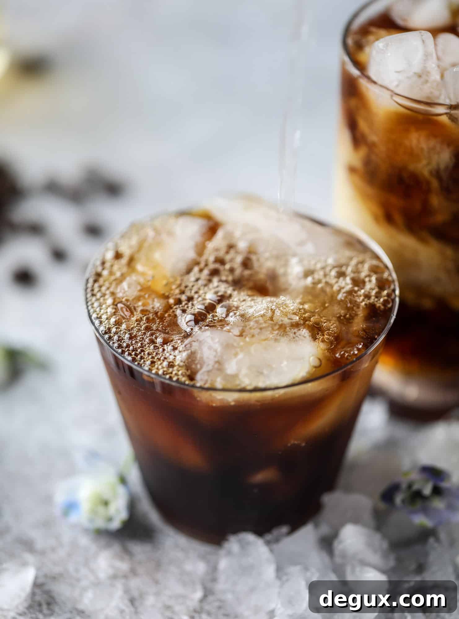 Sparkling Coconut Iced Coffee Recipe: Refreshing Summer Drink 4 Cold brew coffee poured over ice with coconut syrup and cream.