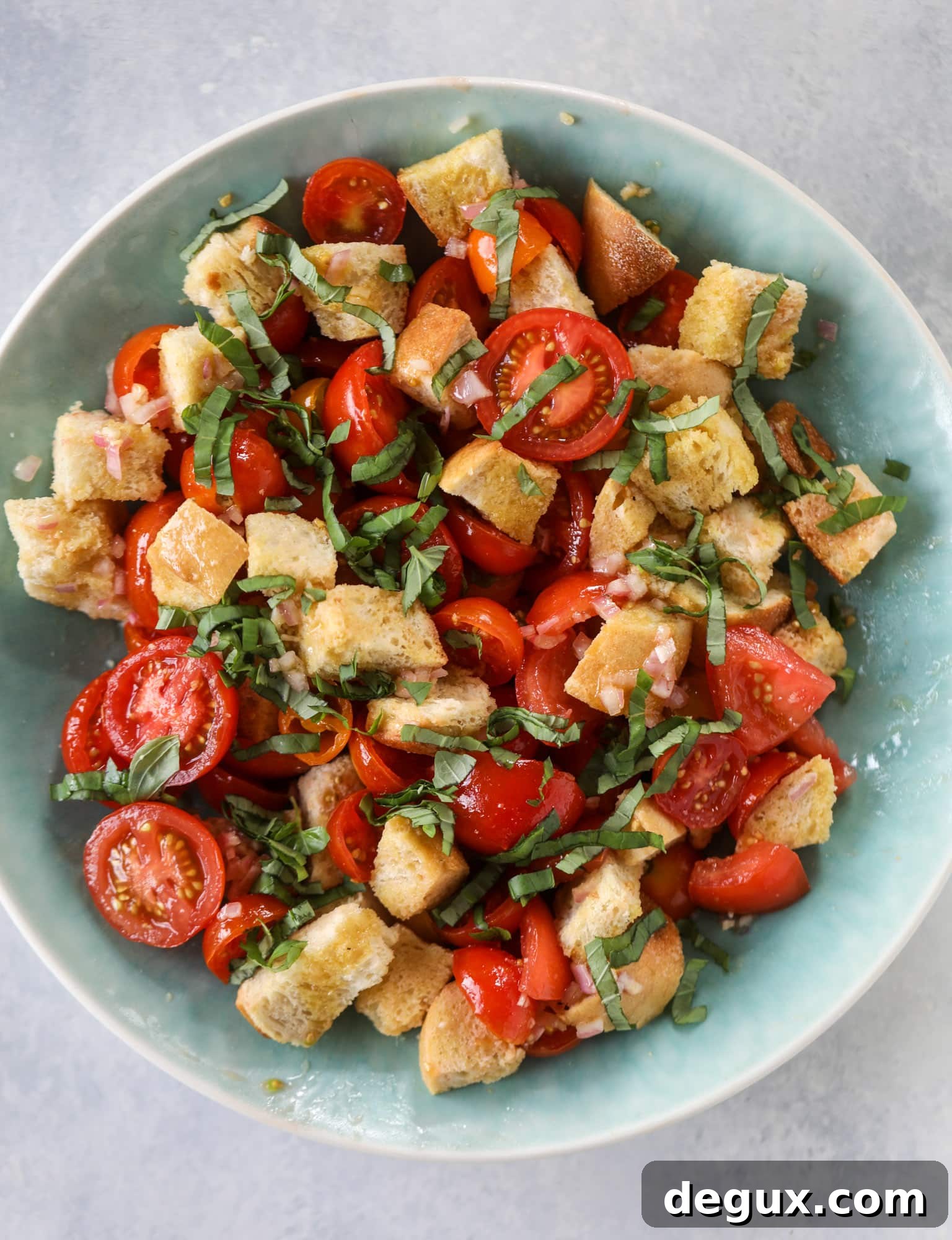 This is the perfect tomato panzanella salad! It's full of juicy, bursting, sweet tomatoes, toasted sourdough bread cubes, fresh herbs, grilled corn, sliced avocado and an incredible homemade dressing that blankets everything in deliciousness.