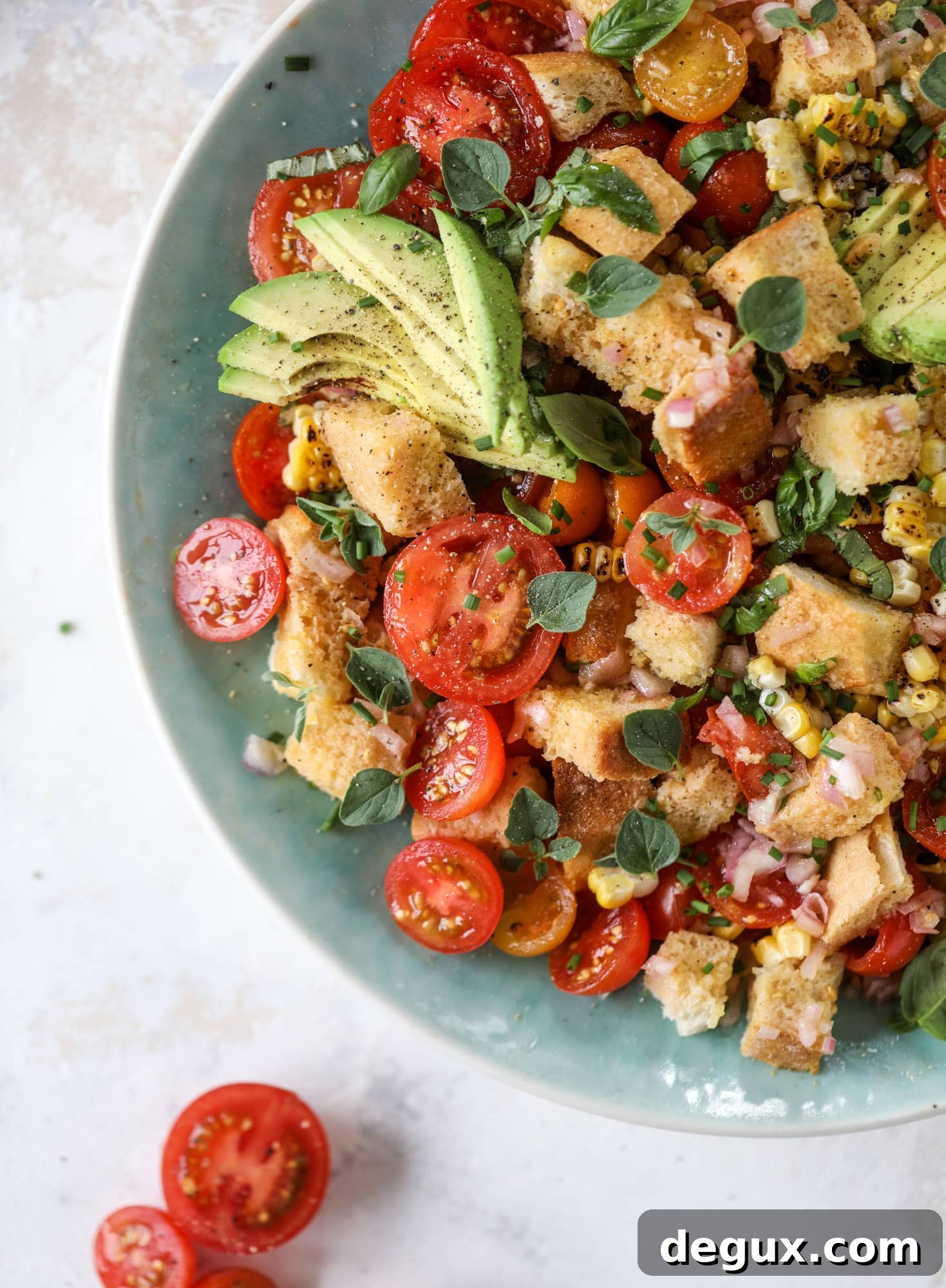This is the perfect tomato panzanella salad! It's full of juicy, bursting, sweet tomatoes, toasted sourdough bread cubes, fresh herbs, grilled corn, sliced avocado and an incredible homemade dressing that blankets everything in deliciousness.