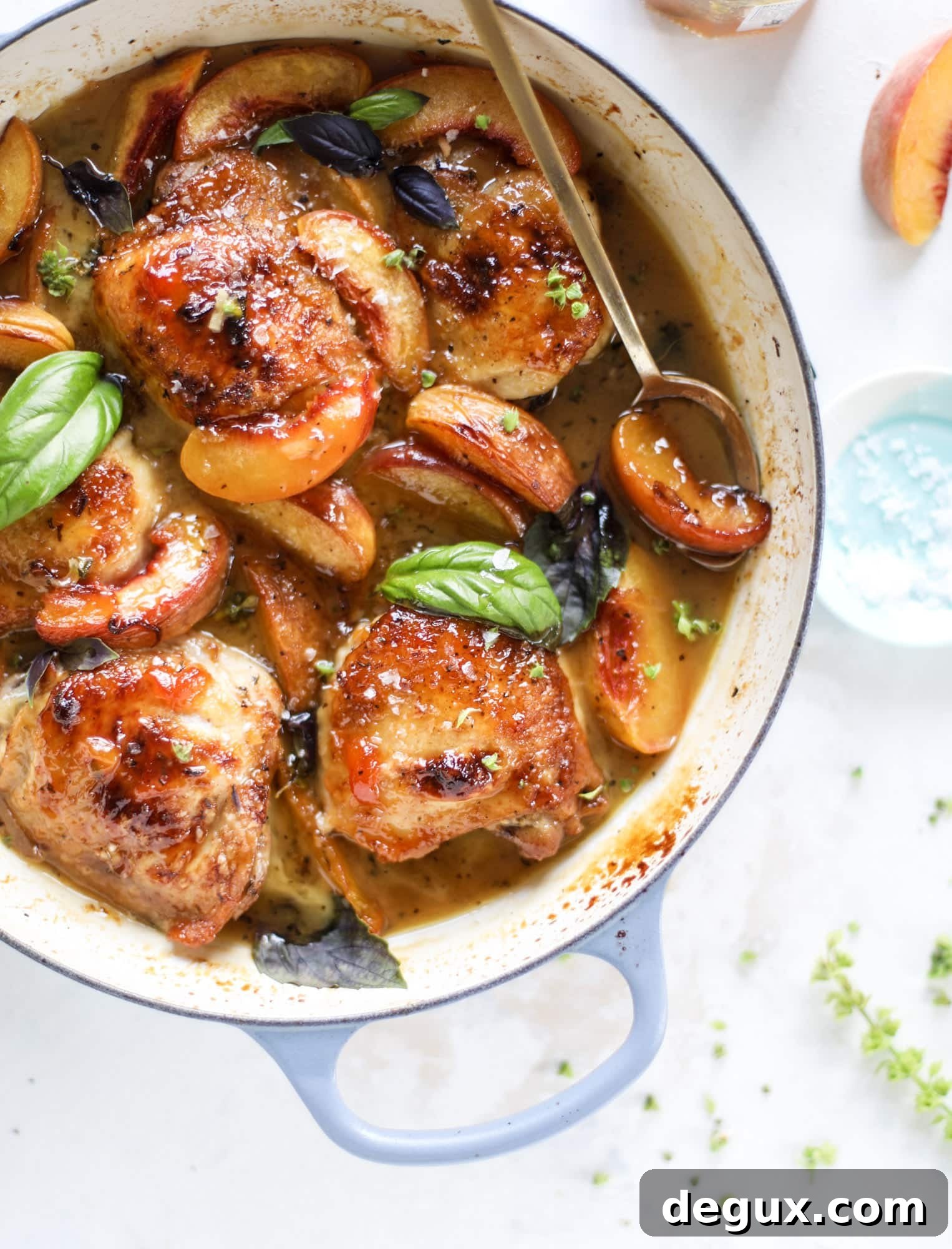One-Pan Peach and Basil Chicken Skillet Recipe 2 This amazing summertime one pot chicken is made with fresh peaches and basil and takes no time at all. The sweet and savory combination is perfect for a quick weeknight meal; the sauce is amazing for dipping and the chicken is flavorful as can be. I howsweeteats.com #chicken #peach #basil #easy #dinner #recipe #summer #healthy