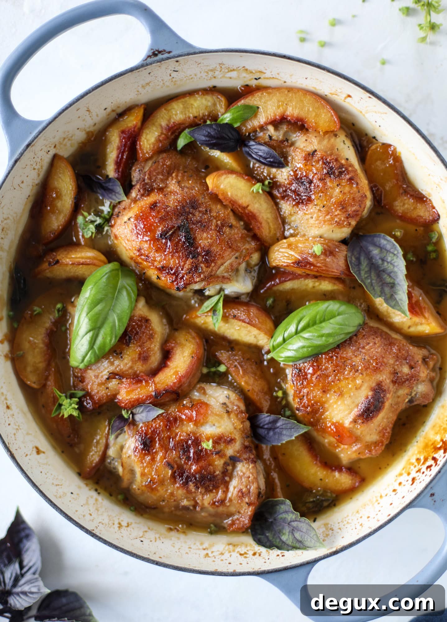One-Pan Peach and Basil Chicken Skillet Recipe 4 This amazing summertime one pot chicken is made with fresh peaches and basil and takes no time at all. The sweet and savory combination is perfect for a quick weeknight meal; the sauce is amazing for dipping and the chicken is flavorful as can be. I howsweeteats.com #chicken #peach #basil #easy #dinner #recipe #summer #healthy