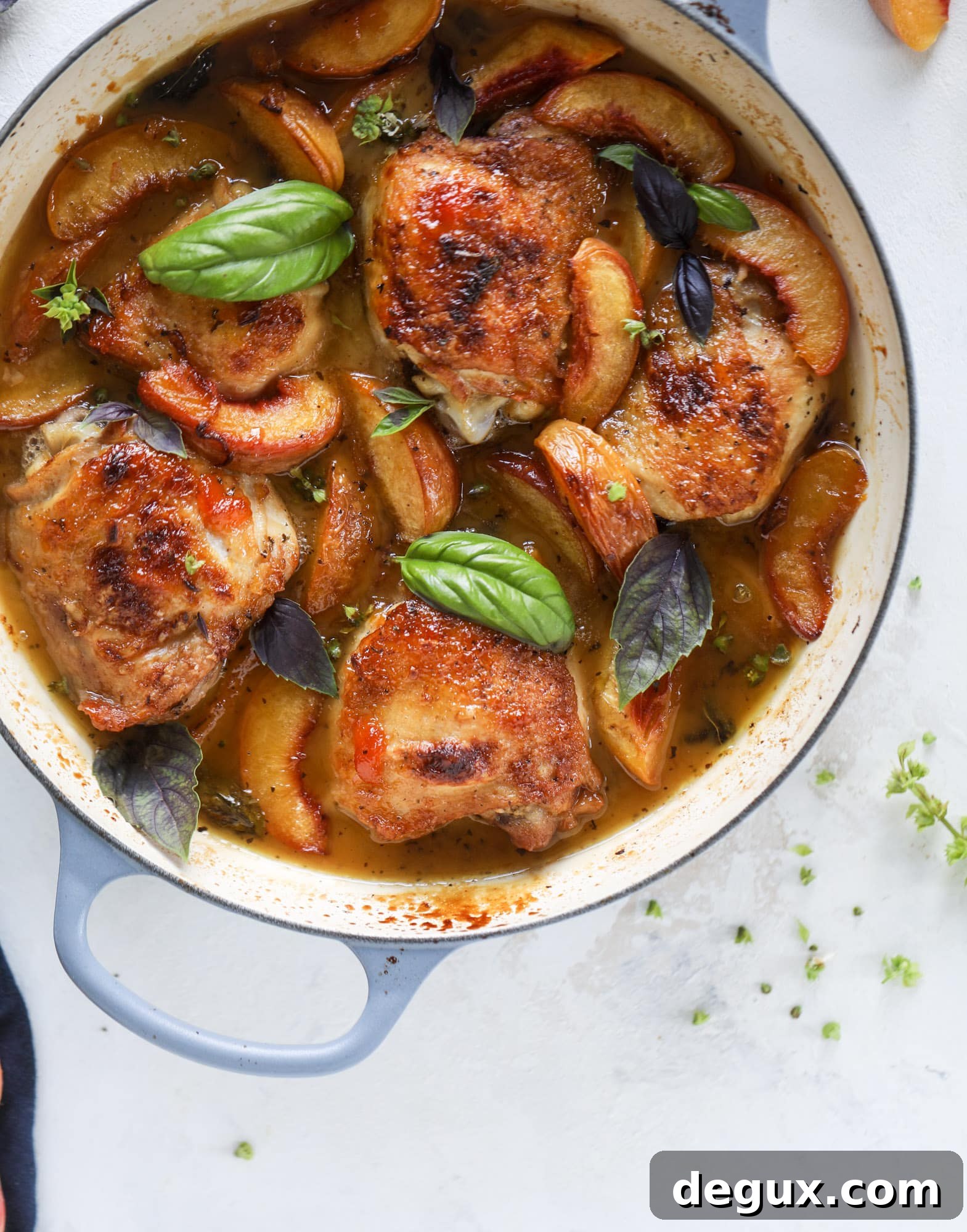 One-Pan Peach and Basil Chicken Skillet Recipe 5 This amazing summertime one pot chicken is made with fresh peaches and basil and takes no time at all. The sweet and savory combination is perfect for a quick weeknight meal; the sauce is amazing for dipping and the chicken is flavorful as can be. I howsweeteats.com #chicken #peach #basil #easy #dinner #recipe #summer #healthy
