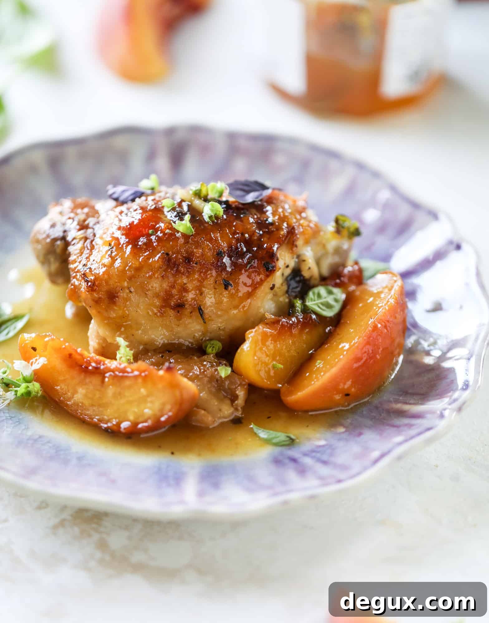 One-Pan Peach and Basil Chicken Skillet Recipe 9 This amazing summertime one pot chicken is made with fresh peaches and basil and takes no time at all. The sweet and savory combination is perfect for a quick weeknight meal; the sauce is amazing for dipping and the chicken is flavorful as can be. I howsweeteats.com #chicken #peach #basil #easy #dinner #recipe #summer #healthy