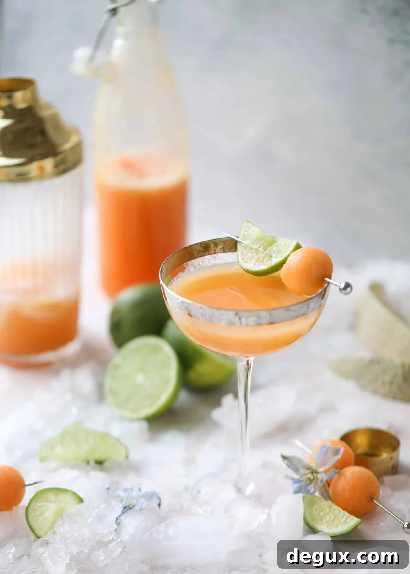 Cantaloupe Daiquiri Recipe: Fresh, Tropical Summer Cocktail 7 This cantaloupe daiquiri is the perfect way to celebrate summer! Freshly juiced melon, lime juice, rum and maraschino cherries - it's refreshing and cool and a fantastic cocktail to have during happy hour! Isn't the color amazing too?!