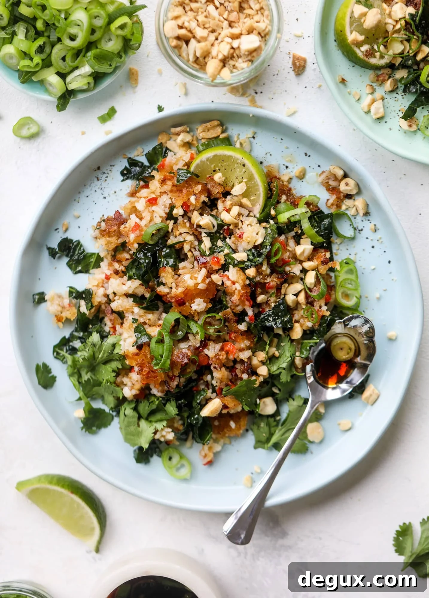 This crispy rice salad is the best lunch I've had in ages! It's full of crunch and crisp, it's satisfying and has lots of green kale so we get our veg in. The crispy rice salad can be a meal, you can add beans or rice or it can even be a side dish. I howsweeteats.com #rice #salad #vegetarian #crispy #kale