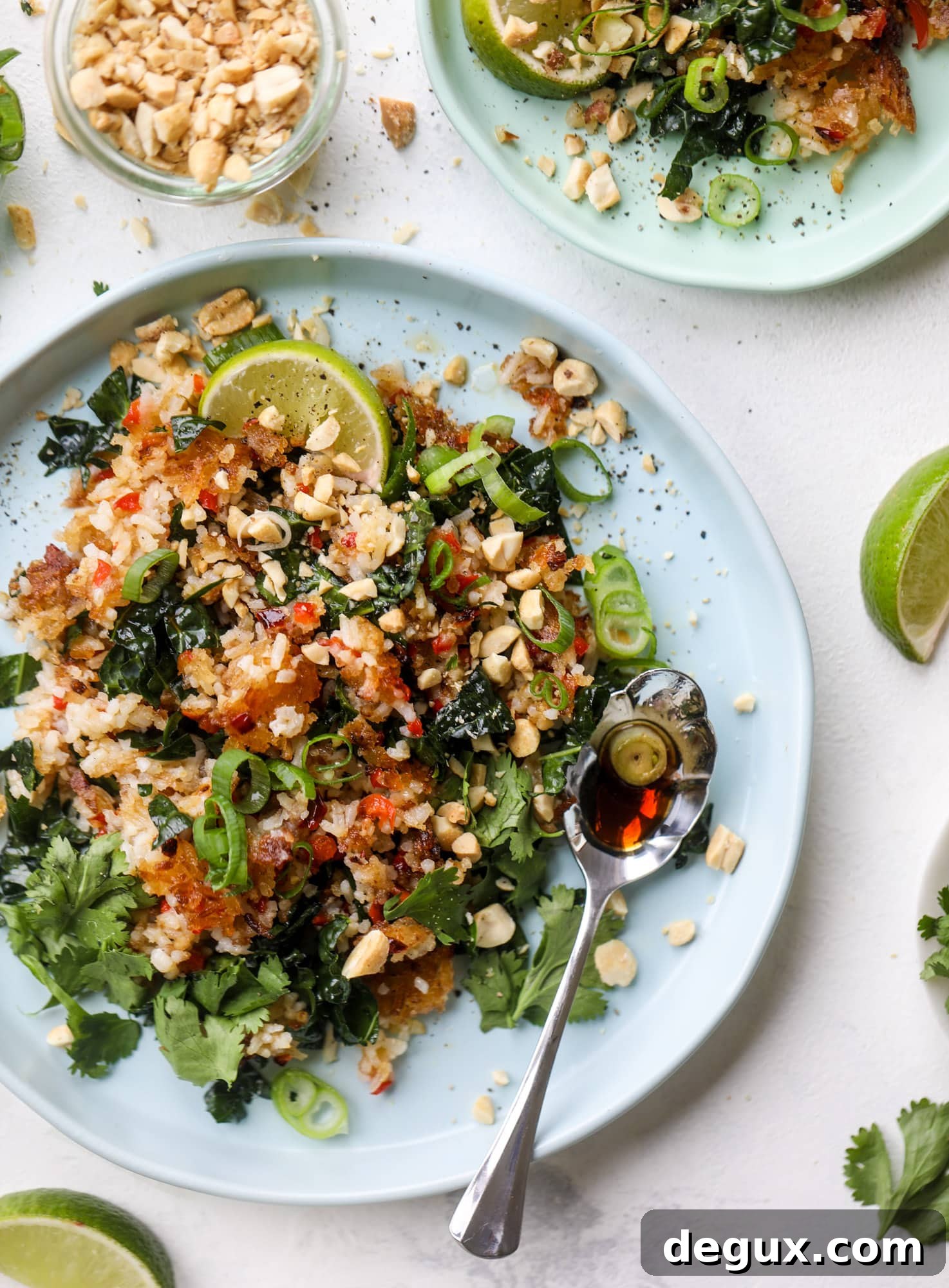 This crispy rice salad is the best lunch I've had in ages! It's full of crunch and crisp, it's satisfying and has lots of green kale so we get our veg in. The crispy rice salad can be a meal, you can add beans or rice or it can even be a side dish. I howsweeteats.com #rice #salad #vegetarian #crispy #kale
