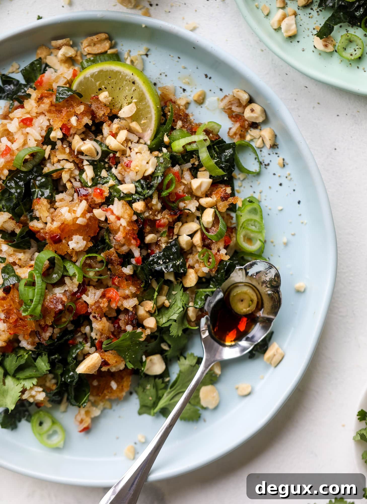 This crispy rice salad is the best lunch I've had in ages! It's full of crunch and crisp, it's satisfying and has lots of green kale so we get our veg in. The crispy rice salad can be a meal, you can add beans or rice or it can even be a side dish. I howsweeteats.com #rice #salad #vegetarian #crispy #kale