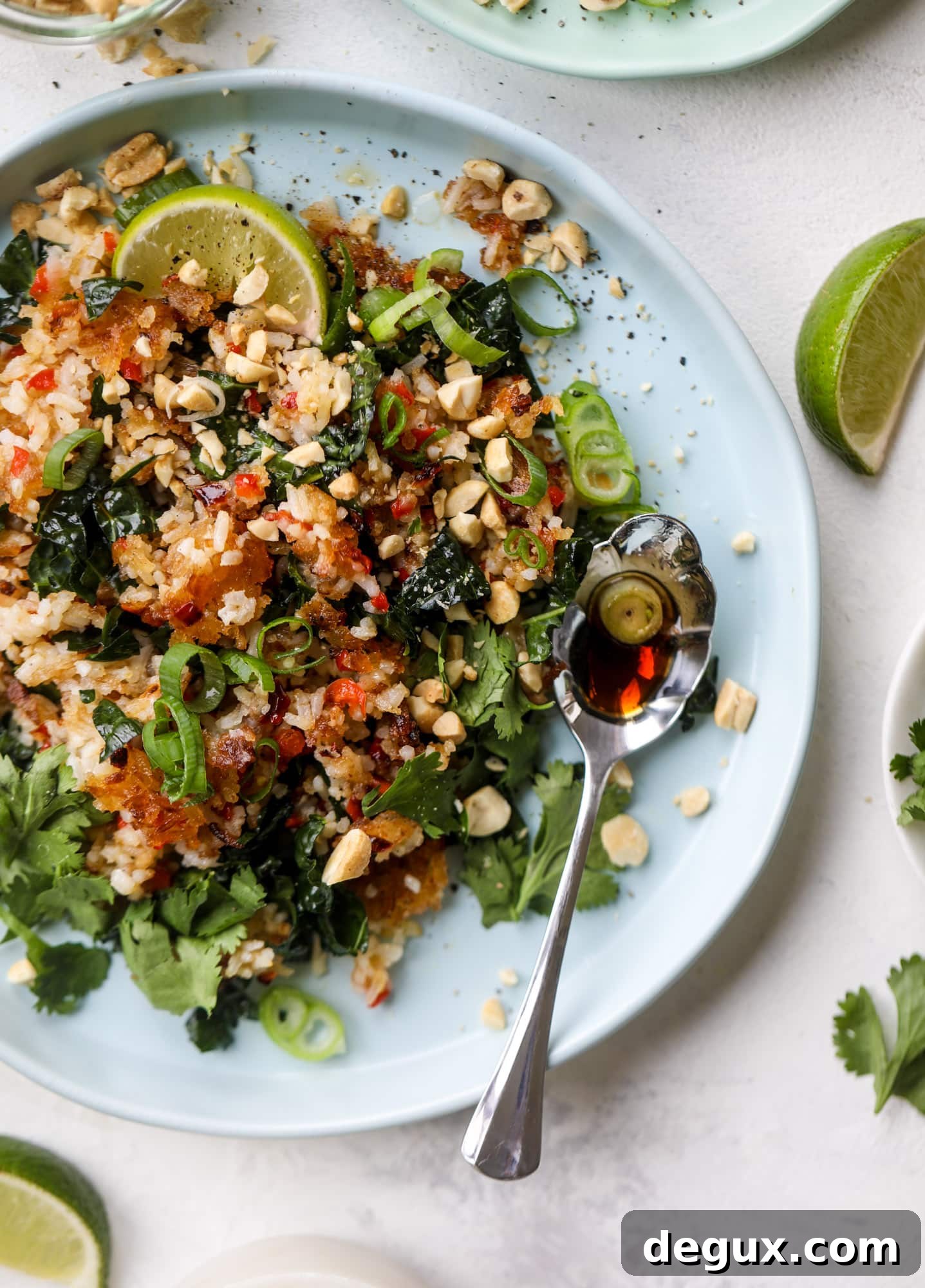 This crispy rice salad is the best lunch I've had in ages! It's full of crunch and crisp, it's satisfying and has lots of green kale so we get our veg in. The crispy rice salad can be a meal, you can add beans or rice or it can even be a side dish. I howsweeteats.com #rice #salad #vegetarian #crispy #kale