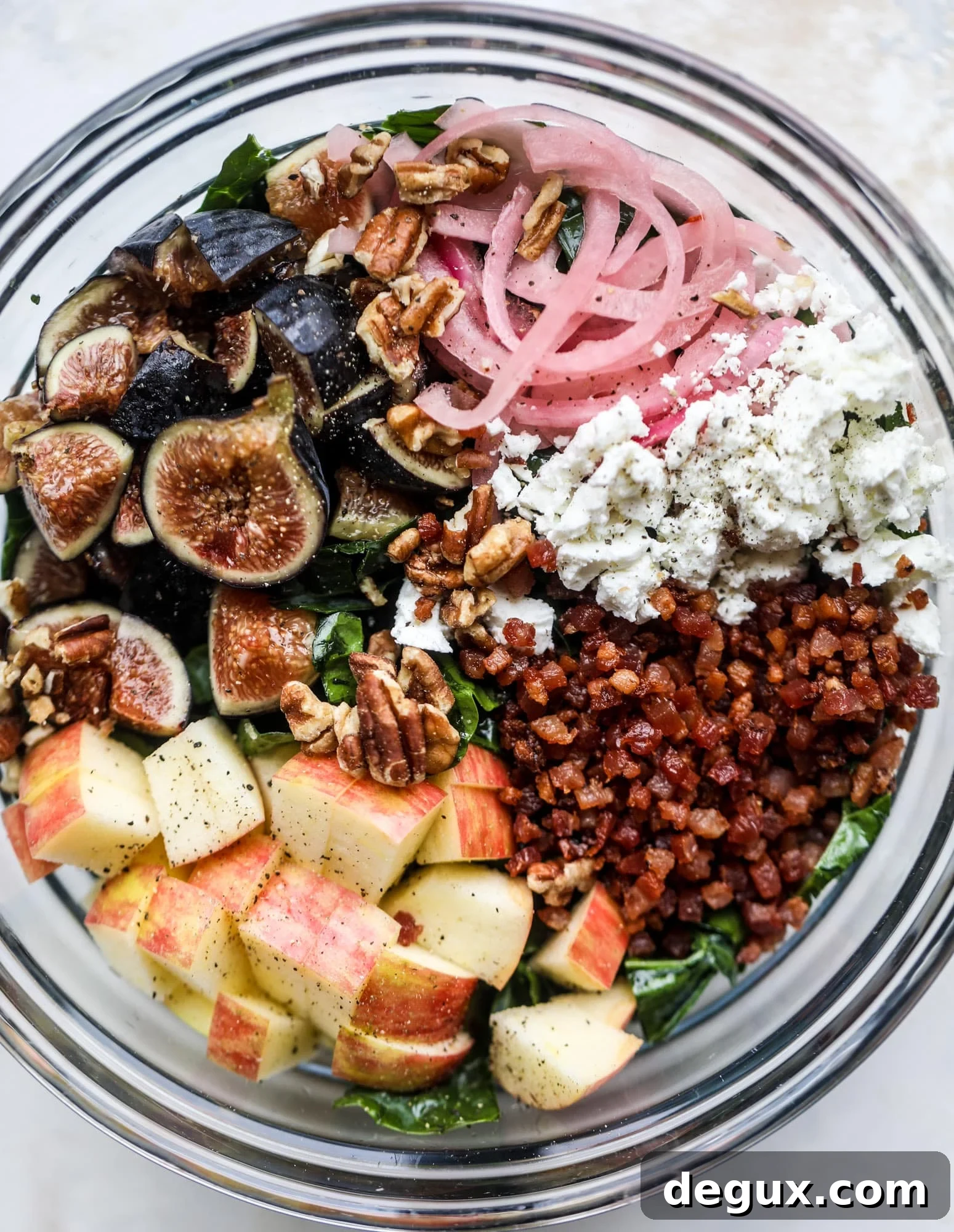 This fall kale salad is perfect for the season and full of so much delicious flavor! Shredded kale, honeycrisp apple, fresh figs, pancetta, pickled onions, pecans and goat cheese come together with a maple cider vinaigrette for salad heaven. I howsweeteats.com #fall #kale #salad #apples #figs #pecans