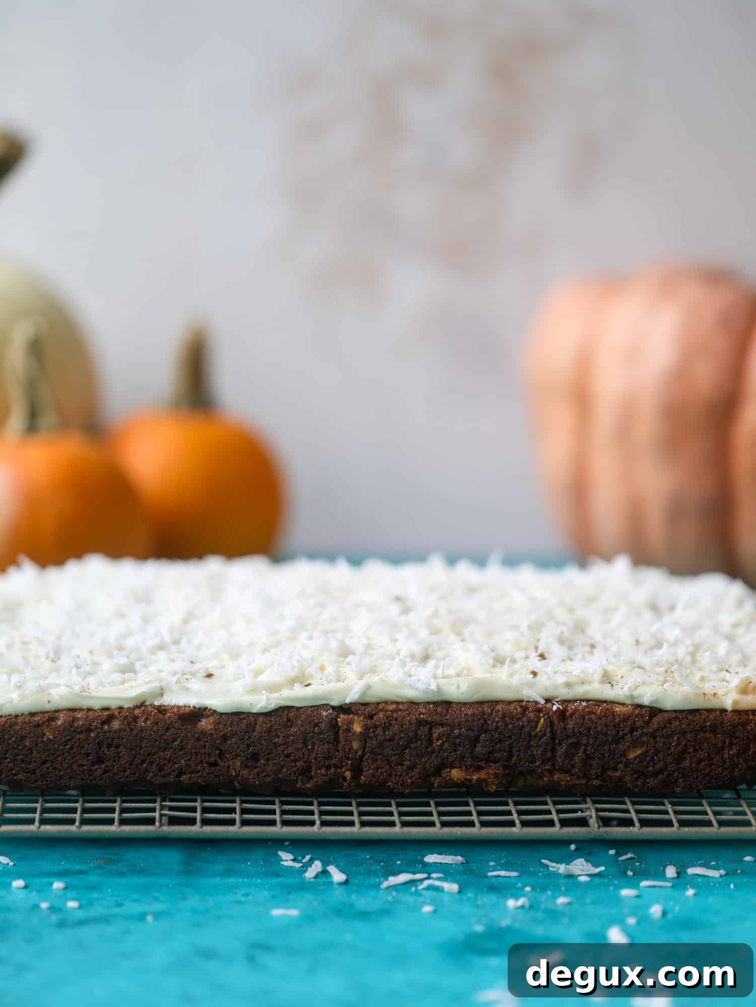 This pumpkin coconut cake is super tender and delicious and comes together quickly in a baking dish! It's spiced for the season and covered in a fluffy coconut cream cheese frosting. You can made it ahead of time for a crowd and it's a huge hit! I howsweeteats.com #pumpkin #cake
