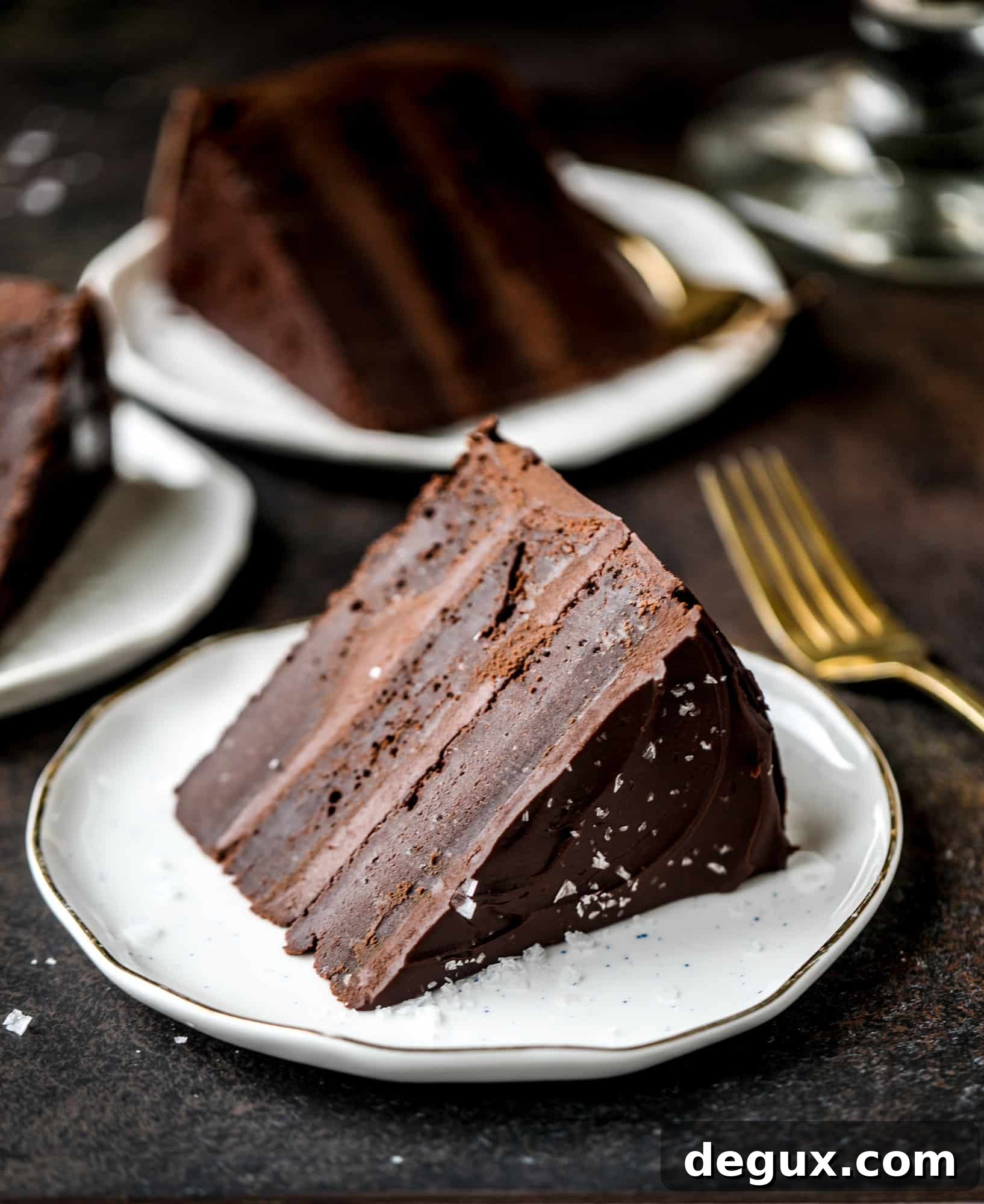 This salted dark chocolate stout cake is absolutely divine! It's ridiculously rich and perfect for a crowd or a party. Pumpkin stout batter is baked into fluffy laters and covered in a super fudgy chocolate ganache. Perfect for chocolate lovers! I howsweeteats.com #dark #chocolate #stout #cake #salted
