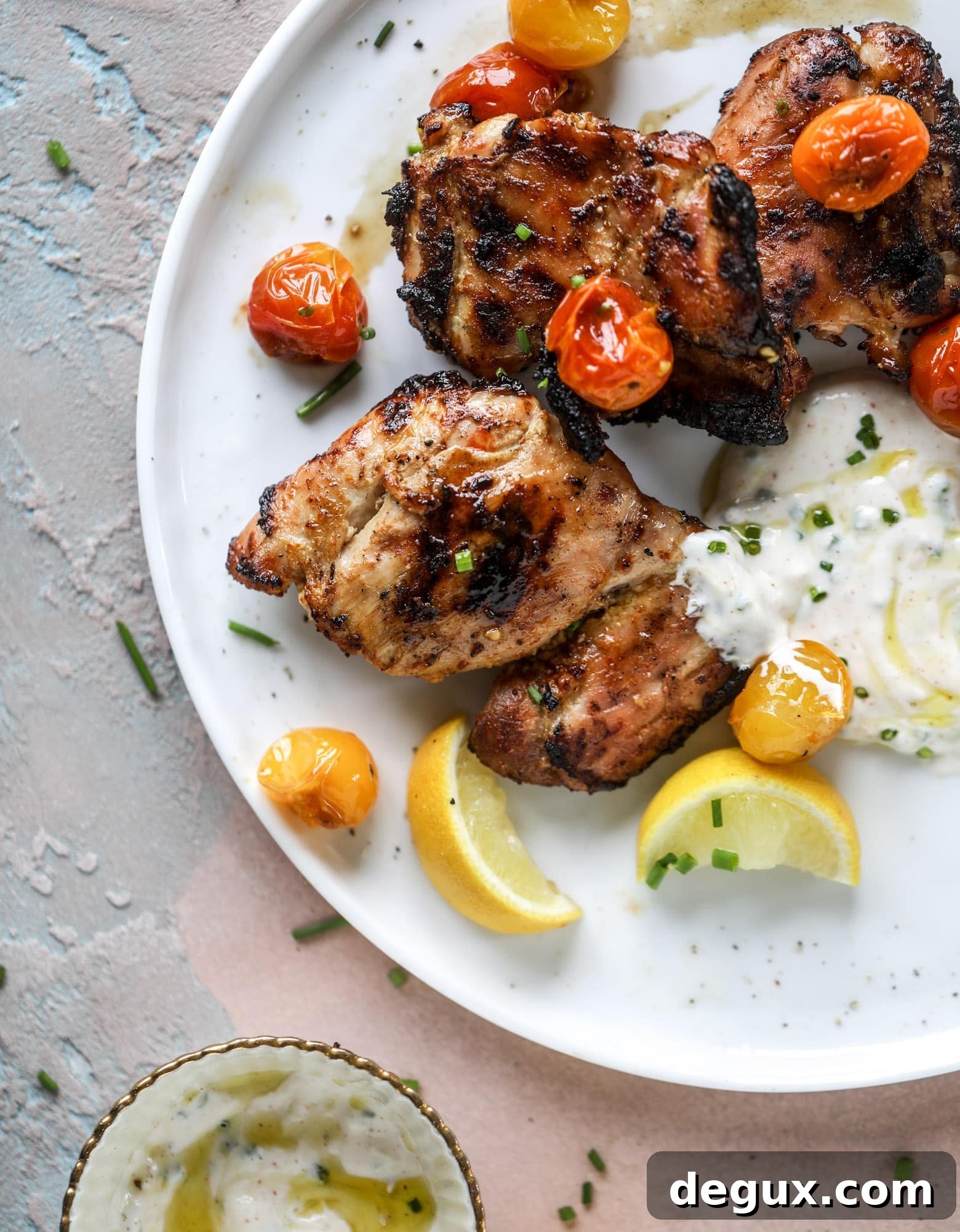 Lemon Yogurt Marinated Grilled Chicken Recipe 7 This yogurt marinated chicken recipe is super flavorful, tender, juicy and delicious. The fresh lemon adds a kick of flavor and it's a versatile recipe you can make for lunch or dinner. Grill it and serve with your favorite side, then use the leftovers for lunch! I howsweeteats.com #yogurt #chicken #lemon #grilled #healthy #recipes