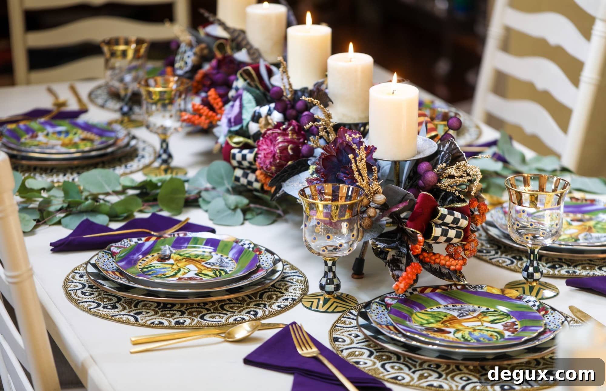 Festive Thanksgiving table with jewel tones and MacKenzie-Childs tableware