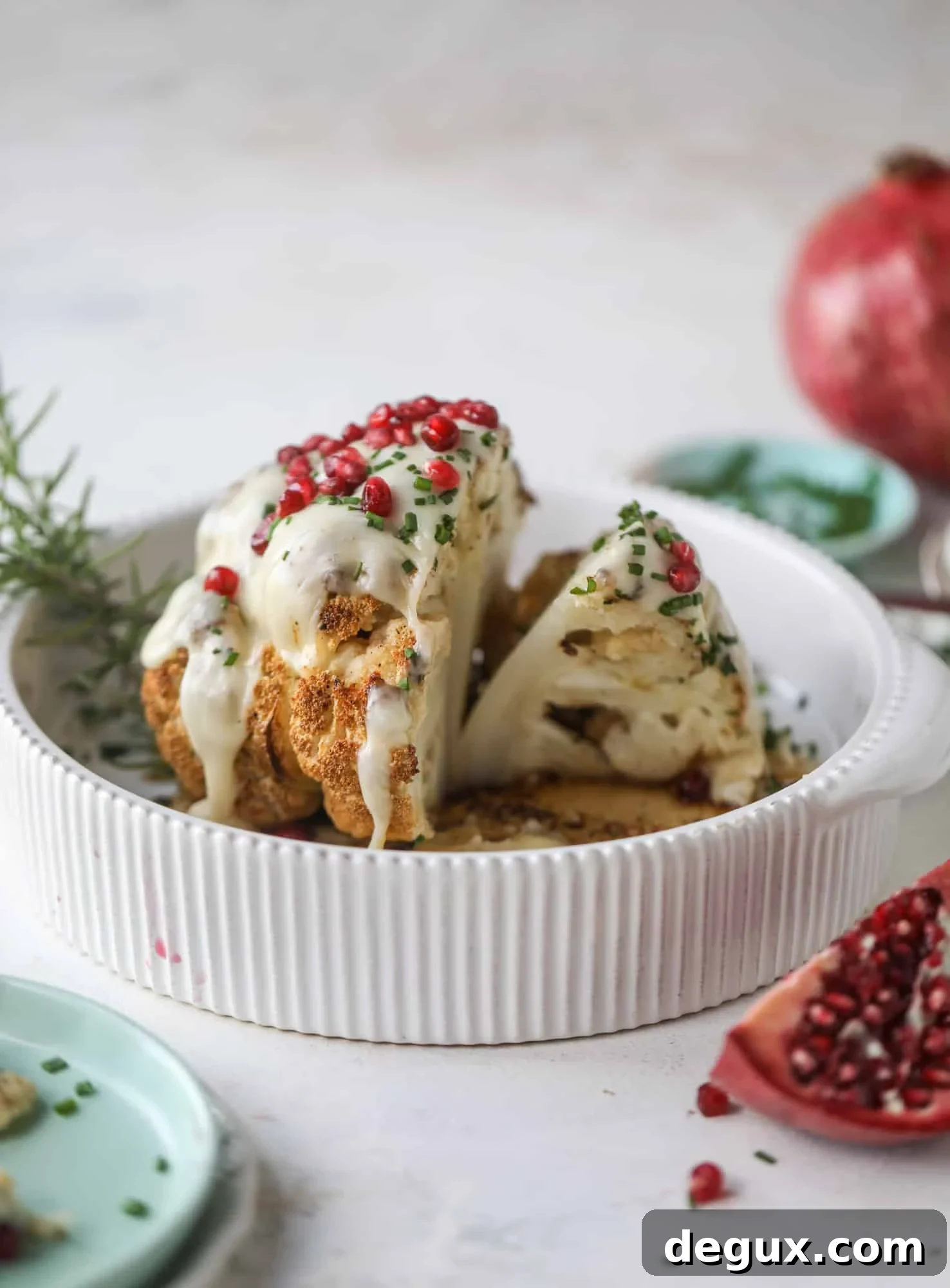 This whole roasted cauliflower fondue is roasted to toasty perfection and then covered in a fondue cheese sauce! Sprinkled with a festive garnish, it's the perfect appetizer or side dish for your dinner party, weeknight meal or movie night! I howsweeteats.com #wholeroasted #cauliflower