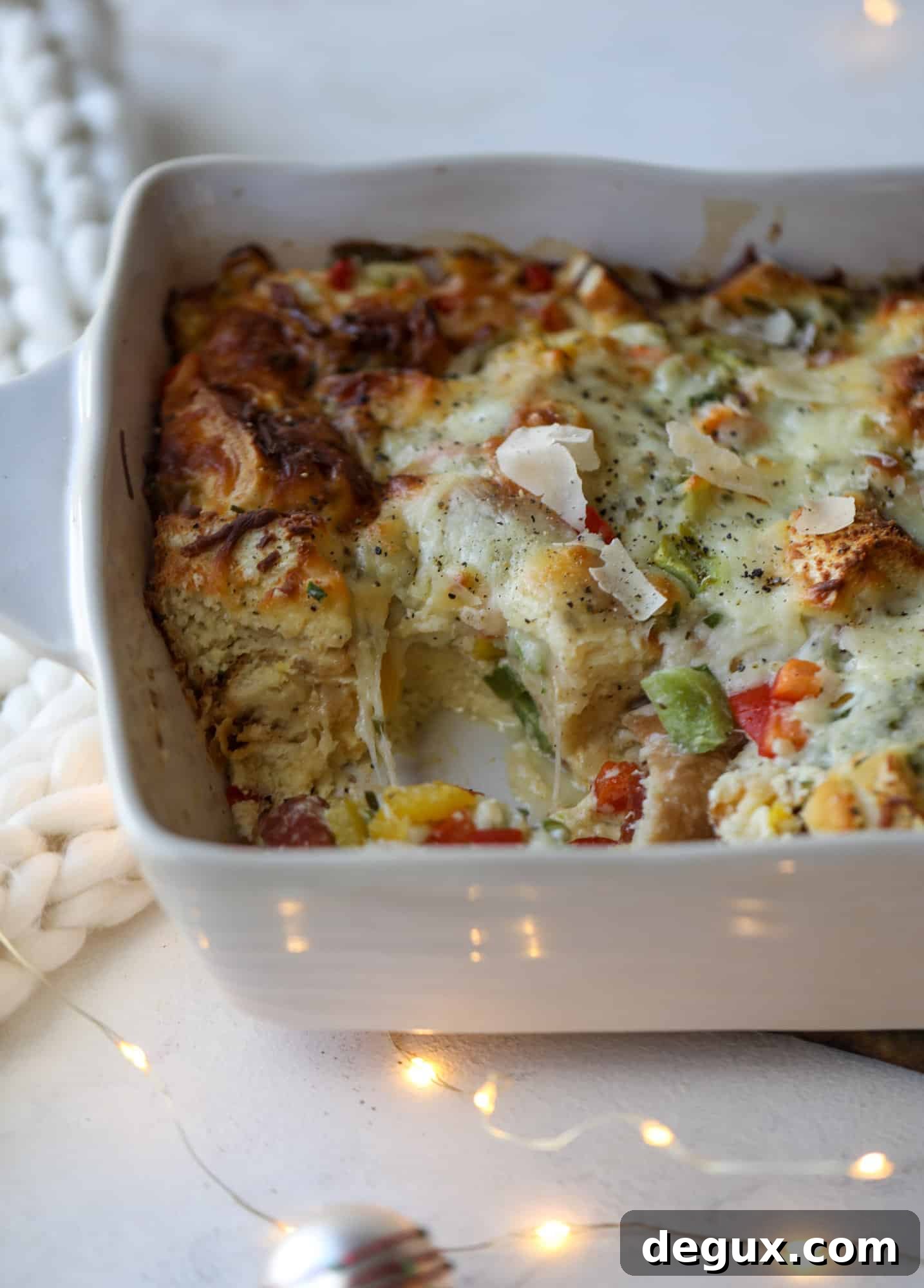 This breakfast strata is super special because the base is built on pepperoni rolls! This make ahead casserole is perfect for holiday brunches or parties and tastes like a supreme pizza. It's so easy to throw together too! I howsweeteats.com #breakfast #strata