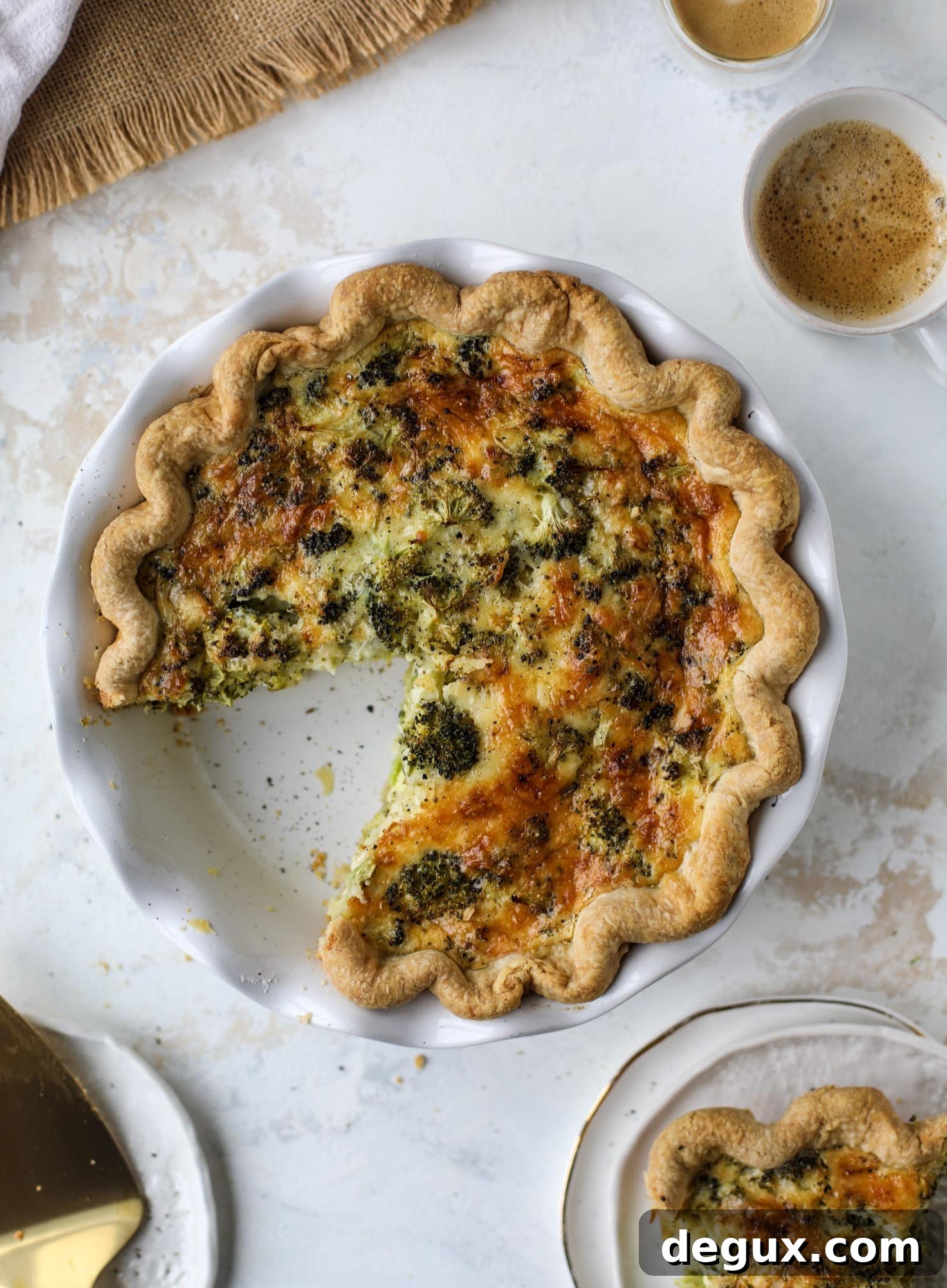 Broccoli Cheddar Quiche Recipe: Flaky Crust and Creamy Filling 7 This broccoli cheese quiche is absolutely perfect for brunch, lunch or even dinner! It's delicious served warm or cold, perfect paired with a greens salad and is a recipe that can be made ahead of time! I howsweeteats.com #broccolicheese #quiche