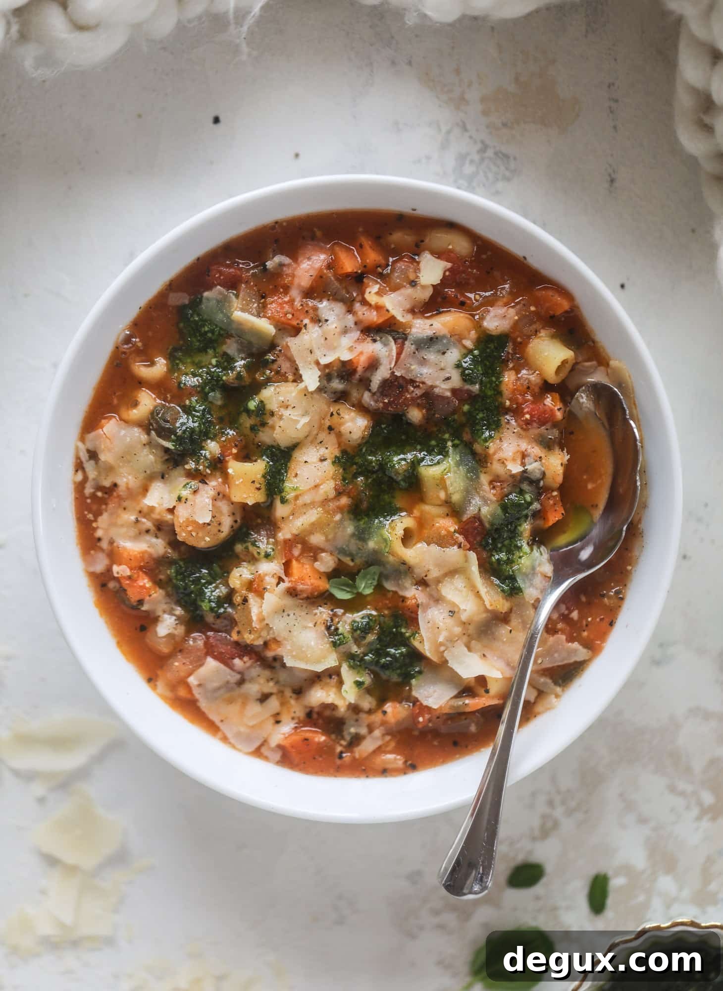 Fire-Roasted Minestrone with Kale Pesto Recipe 2 This fire roasted minestrone soup is like a hug in a bowl. Chock full of vegetables, fire roasted tomatoes and butter beans, the bowl is topped off with a delicious kale pesto that adds even more flavor. Satisfying, healthy and perfect for dinner!