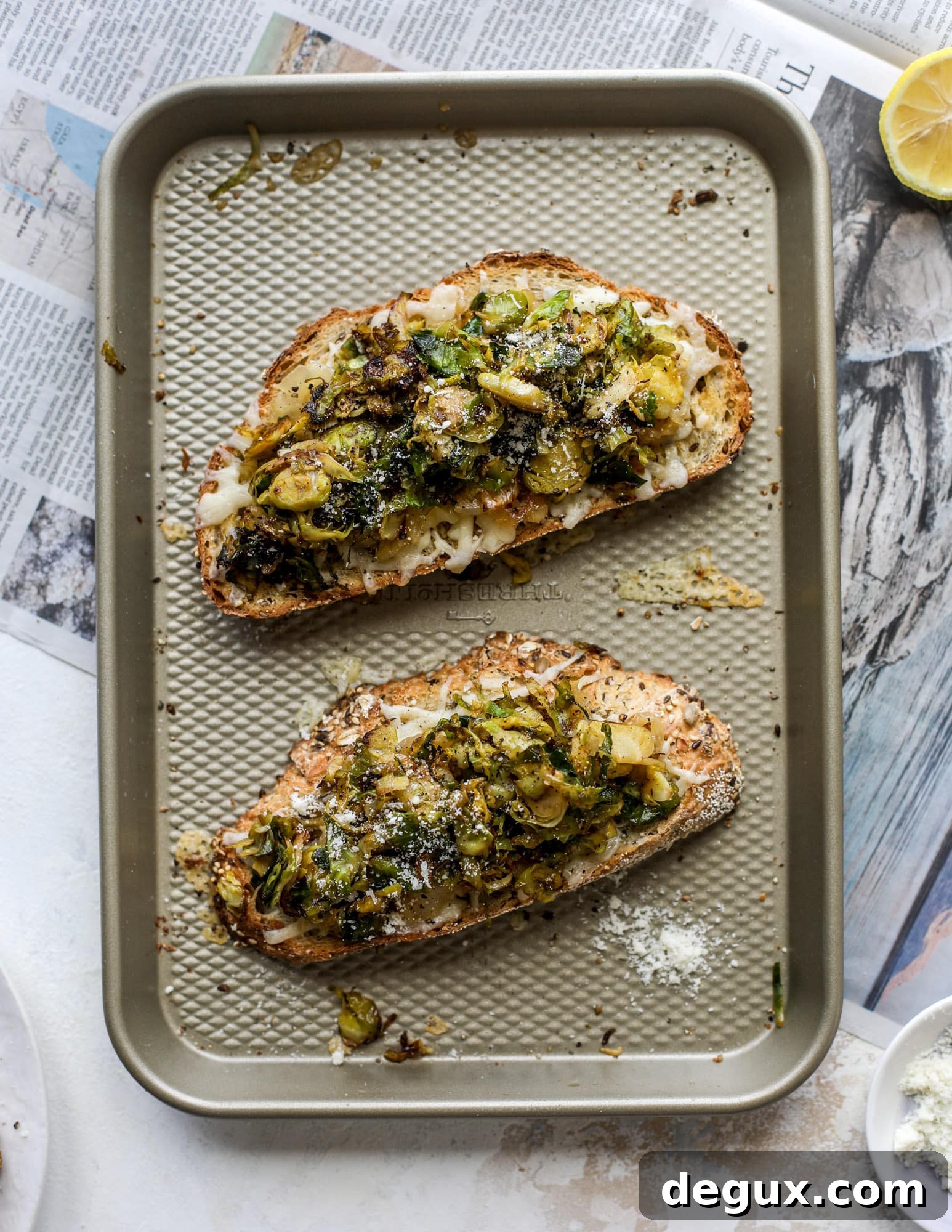 Crispy brussels sprouts toast begins with sourdough bread, melty havarti cheese and caramelized onions. It's high-maintenance toast in the best way possible. I howsweeteats.com