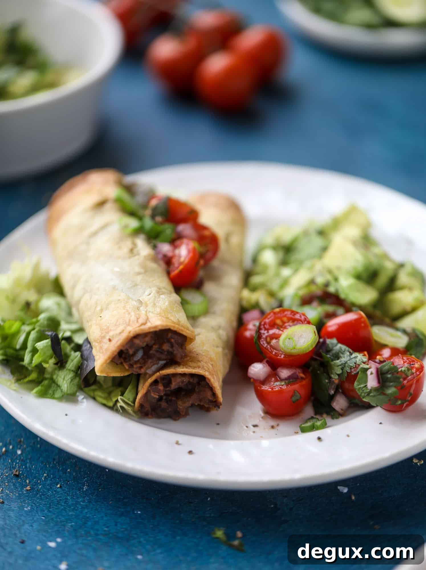 Crispy Black Bean Taquitos with Avocado Pico de Gallo 6 Saucy baked black bean taquitos have a crunchy outside and a creamy, flavorful inside. Served with a pico de gallo, they are an easy weeknight meal!