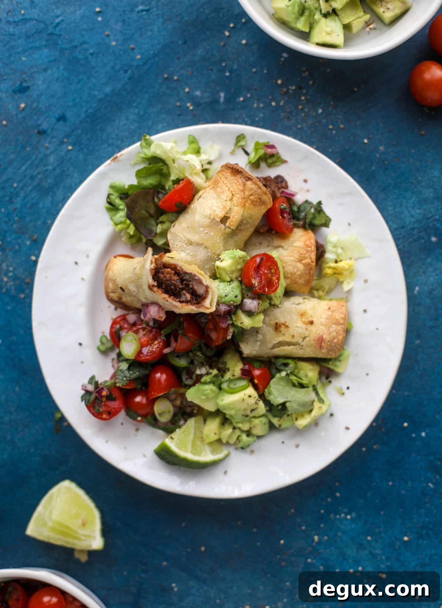 Crispy Black Bean Taquitos with Avocado Pico de Gallo 9 Saucy baked black bean taquitos have a crunchy outside and a creamy, flavorful inside. Served with a pico de gallo, they are an easy weeknight meal!
