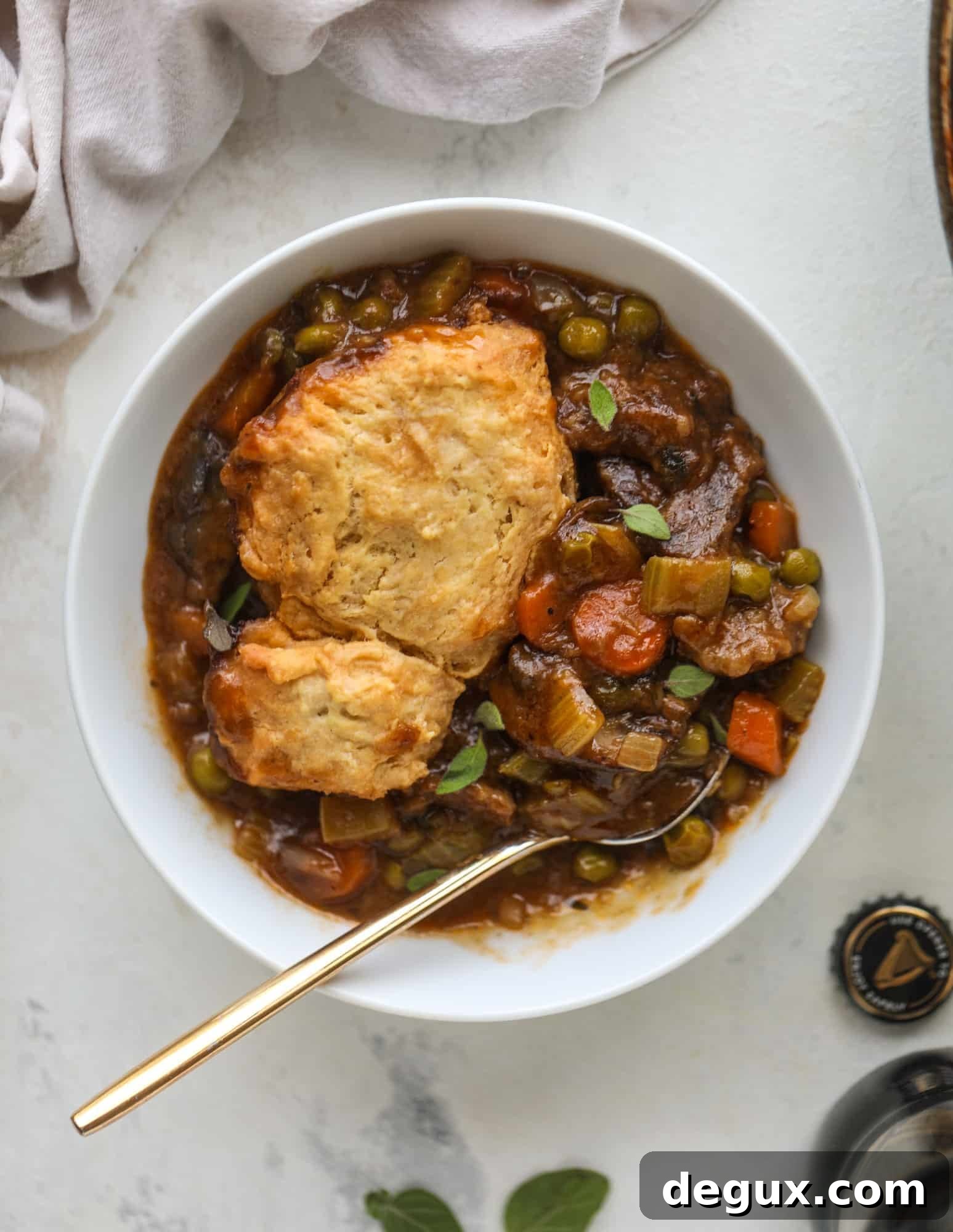 Finished Guinness pot pie with beer bread biscuits