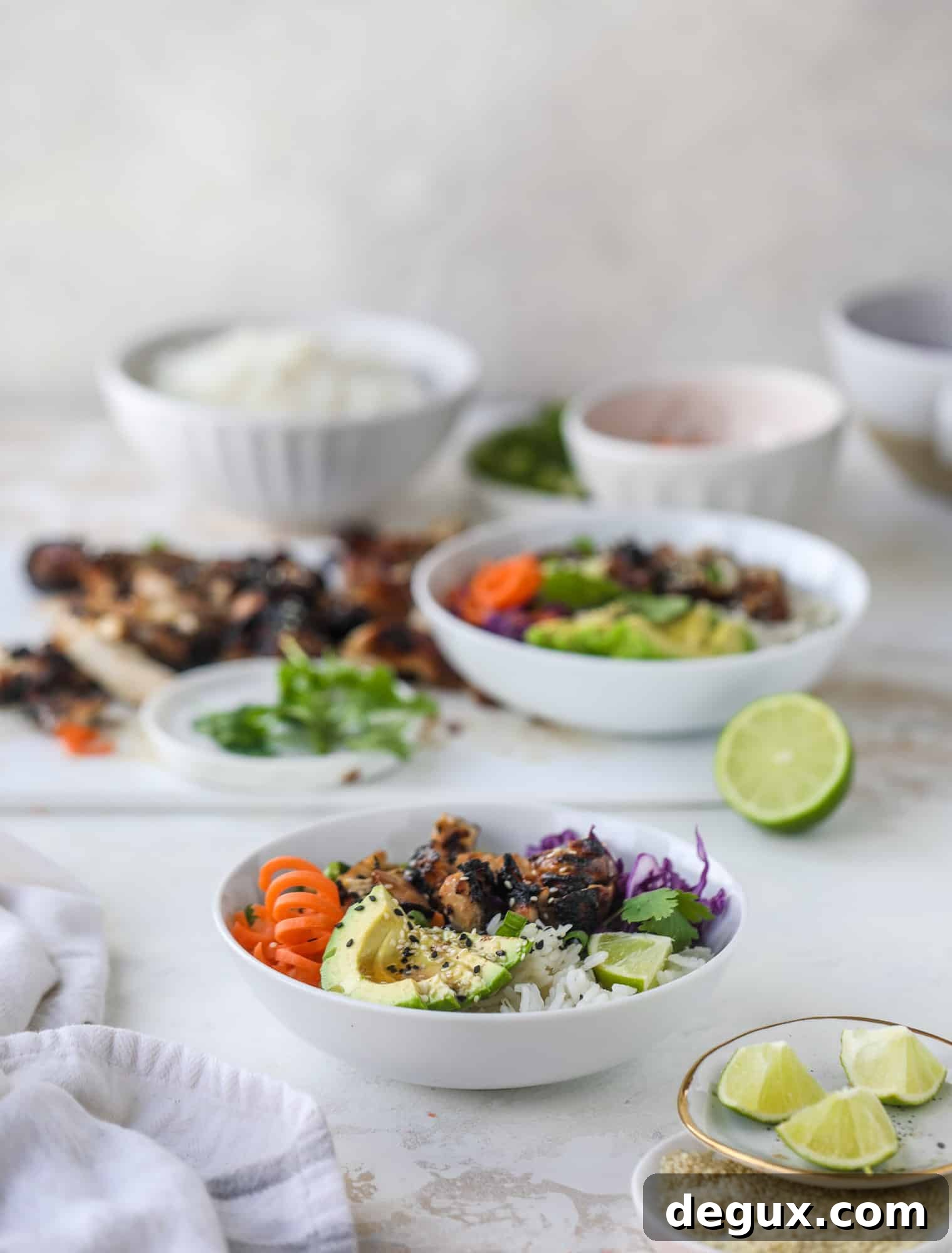 Sesame Soy Chicken with Fragrant Coconut Rice 9 Korean chicken bowls are loaded with flavor: toasted sesame, soy sauce and lime come together over coconut rice and avocado to create a delicious meal! I howsweeteats.com #korean #chicken