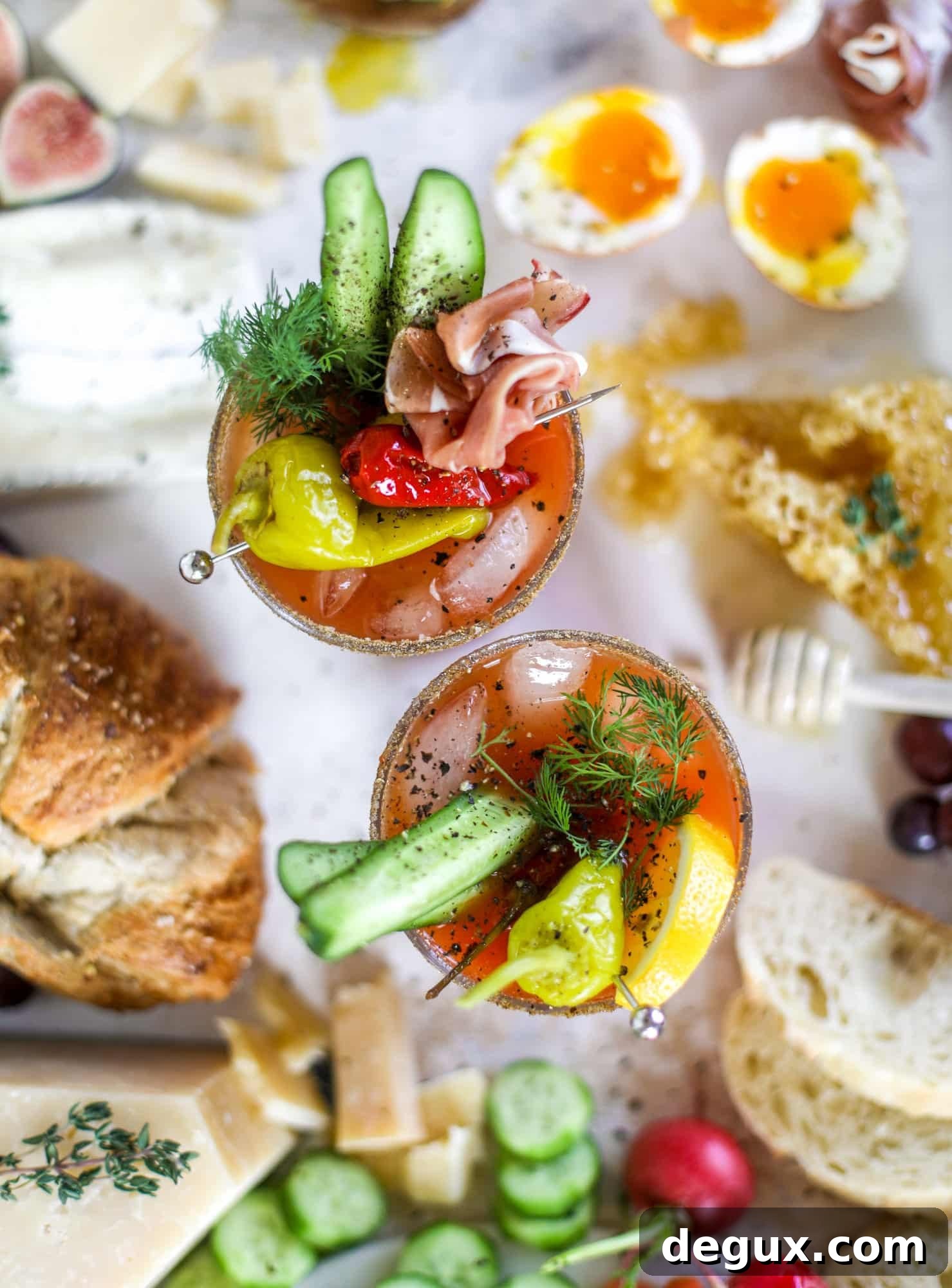 Build an Easter Brunch Board with Calabrian Chili Bloody Marys 9 The highlight of this Easter brunch board are the deviled eggs and soft boiled eggs! Add some avocado toast, donuts and bloody marys and you've arrived. I howsweeteats.com #brunch #board