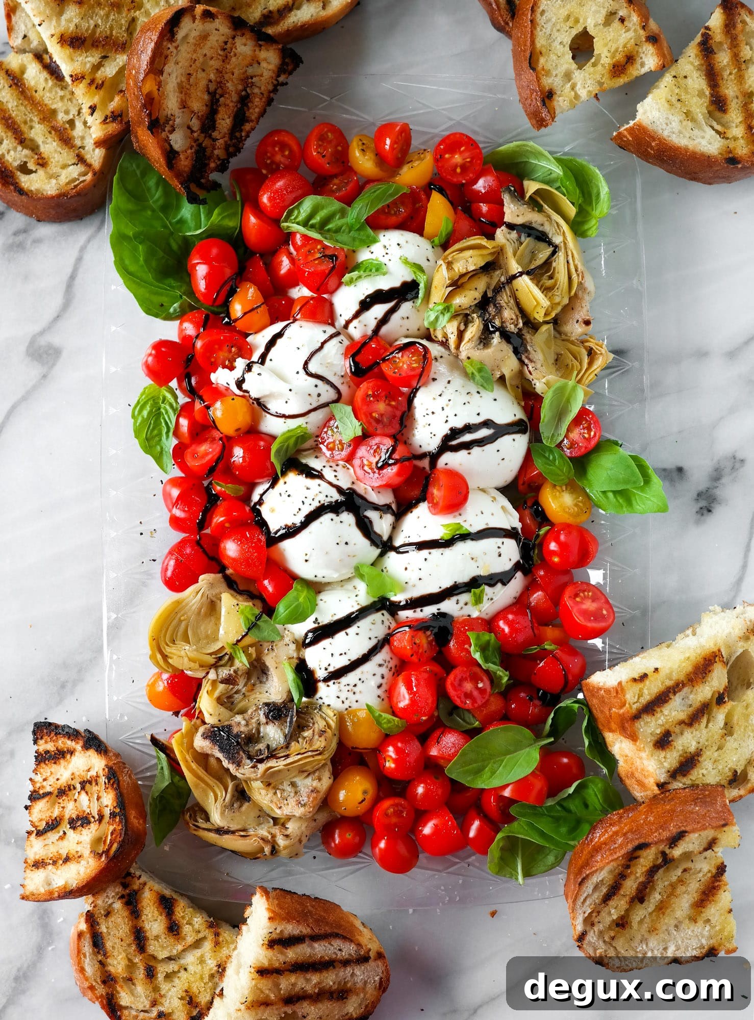summer burrata plate with tomatoes and grilled bread