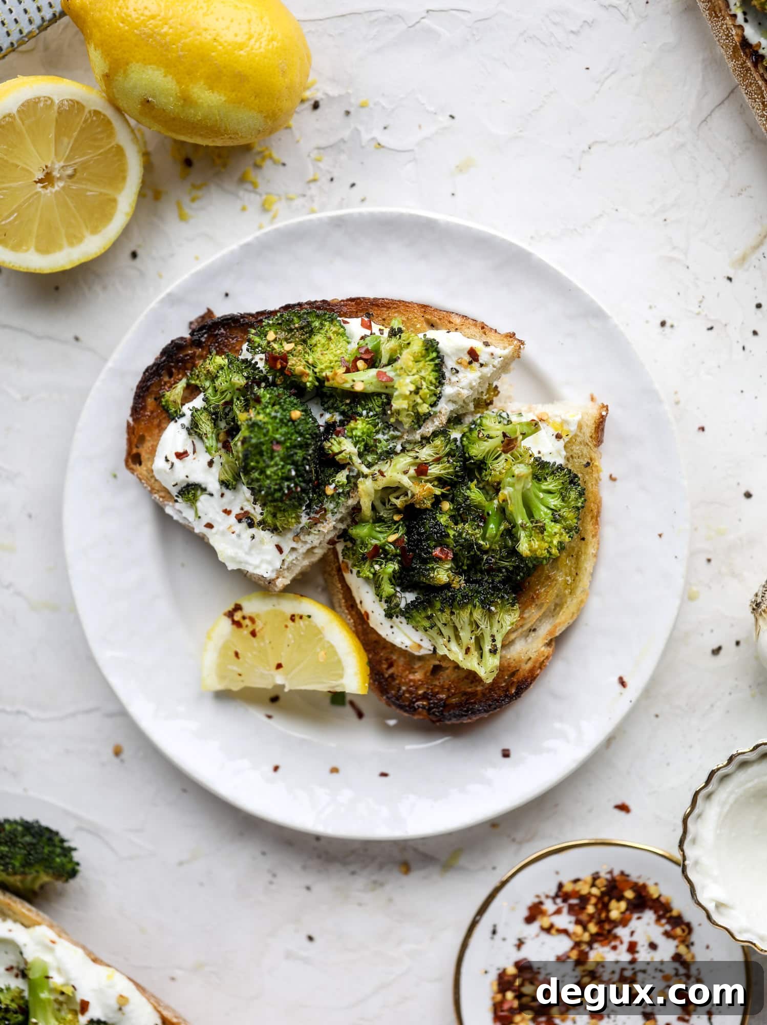 Roasted Broccoli Toast with Red Pepper and Lemon Zest 2 Broccoli toast is the best way to sneak in some veggies! Toasted sourdough with ricotta and roasted broccoli, topped with lemon and crushed red pepper.