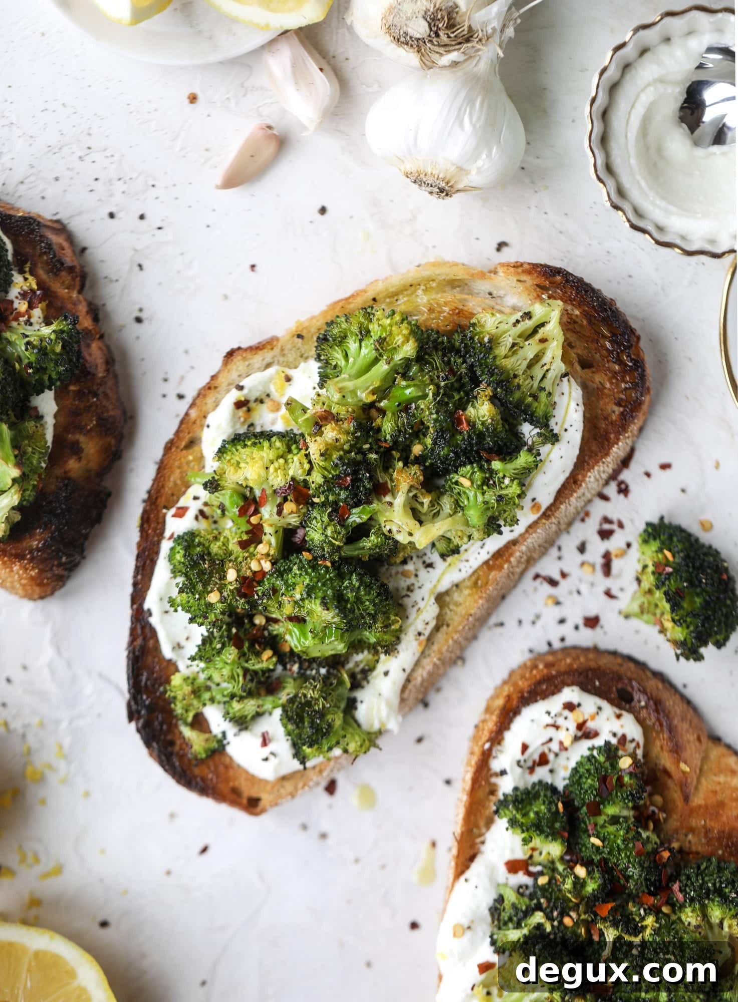 Roasted Broccoli Toast with Red Pepper and Lemon Zest 5 Broccoli toast is the best way to sneak in some veggies! Toasted sourdough with ricotta and roasted broccoli, topped with lemon and crushed red pepper.