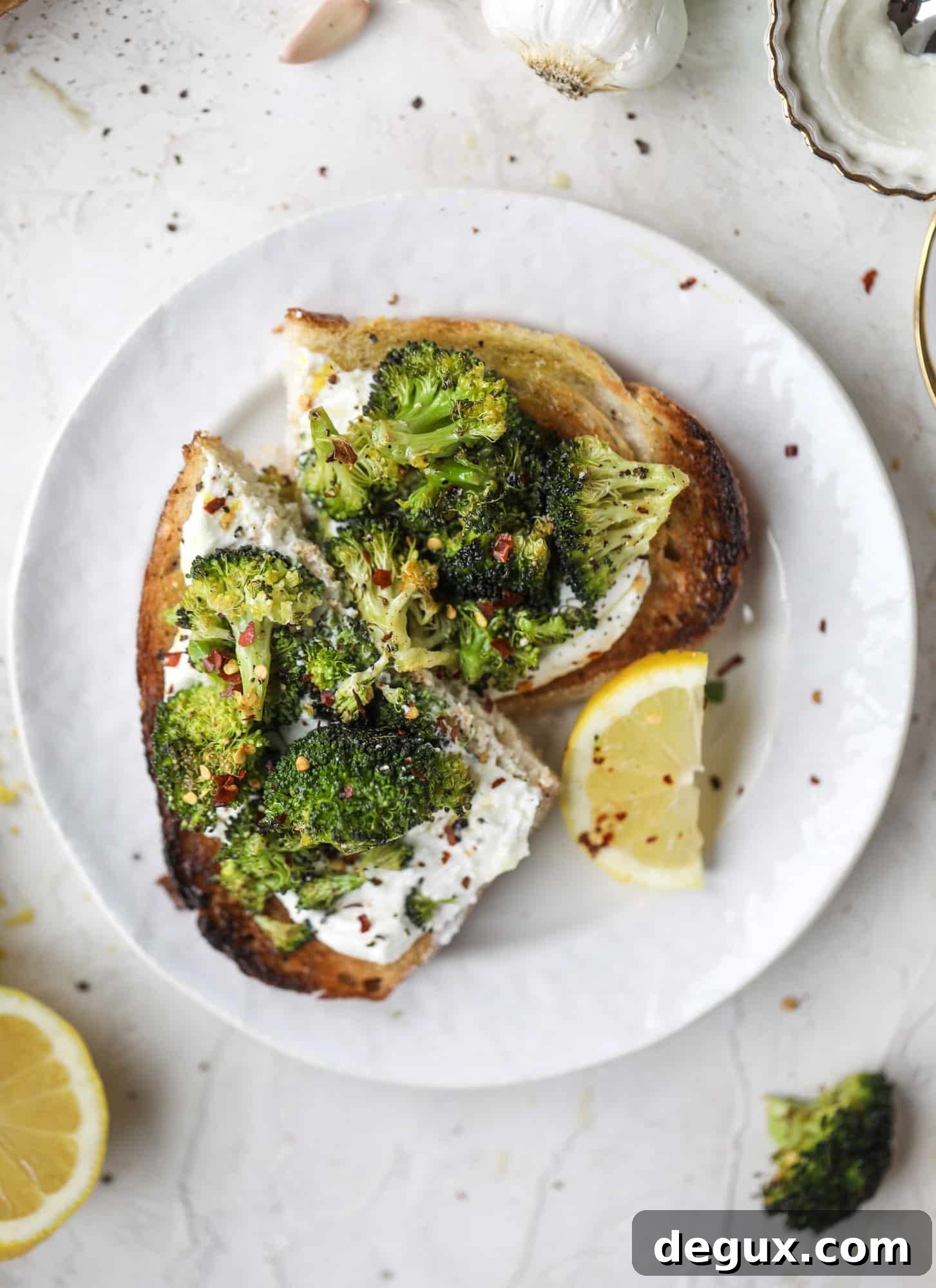 Roasted Broccoli Toast with Red Pepper and Lemon Zest 6 Broccoli toast is the best way to sneak in some veggies! Toasted sourdough with ricotta and roasted broccoli, topped with lemon and crushed red pepper.