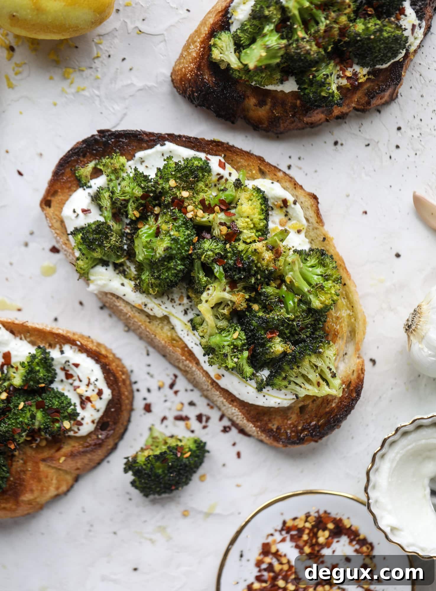 Roasted Broccoli Toast with Red Pepper and Lemon Zest 8 Broccoli toast is the best way to sneak in some veggies! Toasted sourdough with ricotta and roasted broccoli, topped with lemon and crushed red pepper.